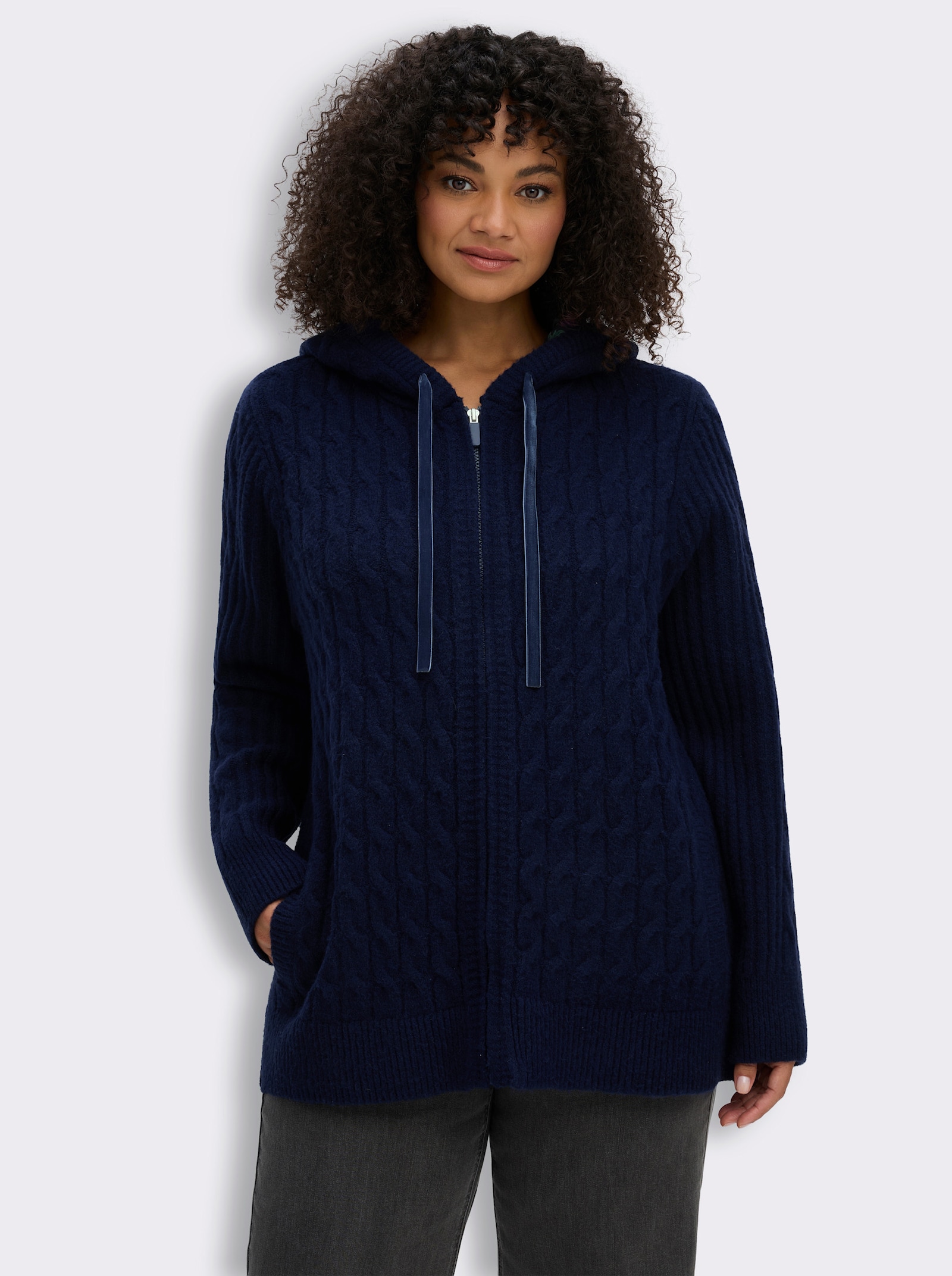 sheego by Joe Browns Strickjacke mit floralem Kapuzenfutter - marine-jeansblau-meliert