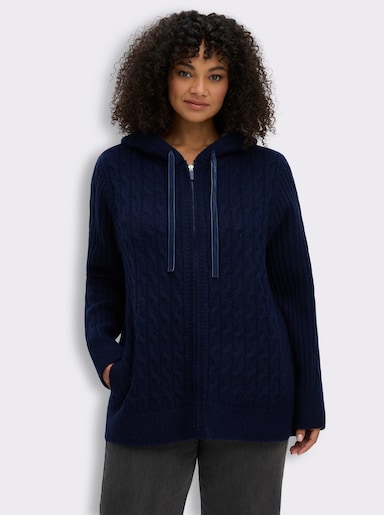 sheego by Joe Browns Strickjacke mit floralem Kapuzenfutter - marine-jeansblau-meliert