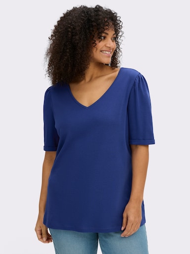 sheego Shirt met V-hals in licht getailleerd model - koningsblauw
