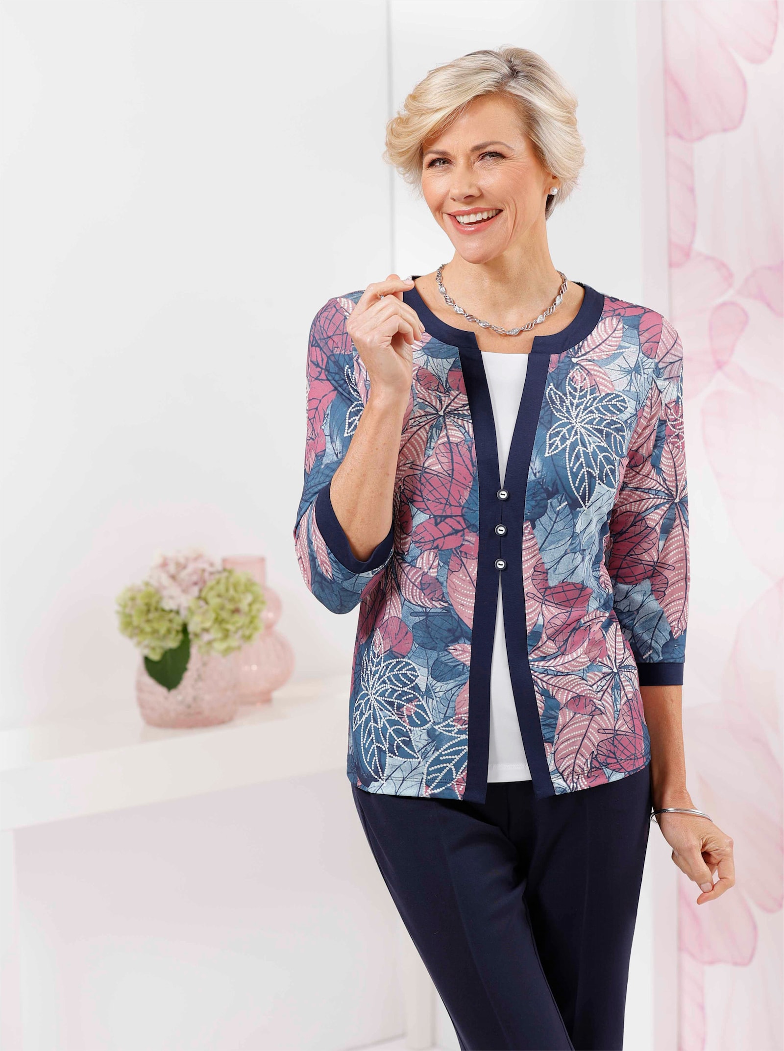 2-in-1-Shirt mit Schmuckknöpfen - jeansblau-altrosa-bedruckt