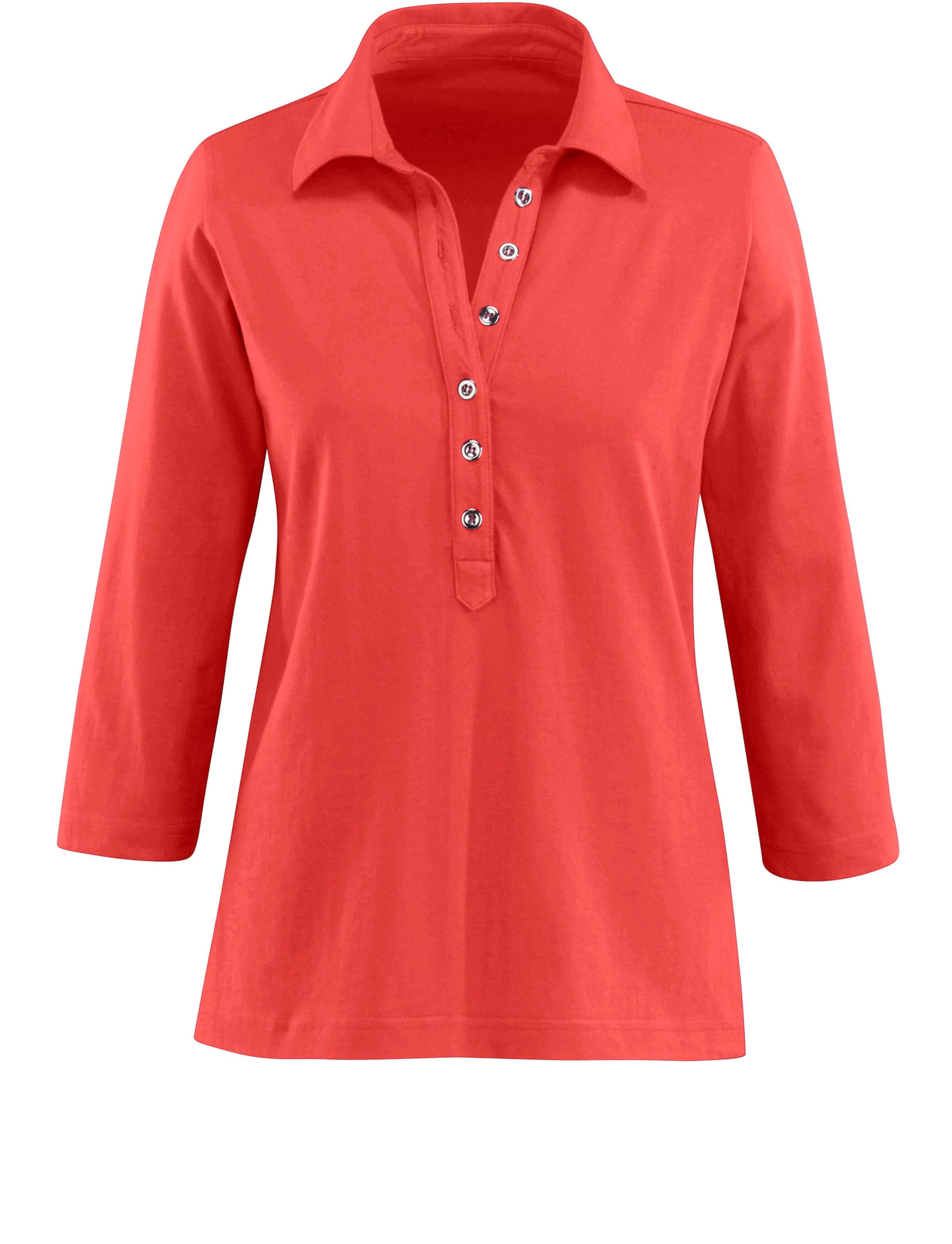 Lang Shirt  günstig Kaufen-Poloshirt in korallenrot von heine. Poloshirt in korallenrot von heine <![CDATA[Poloshirt in weicher Qualität. Modisch lange Knopfleiste mit silberfarbenen Knöpfen. 3/4-­Ärmel. OCS-zertifiziertes Produkt.]]>. 