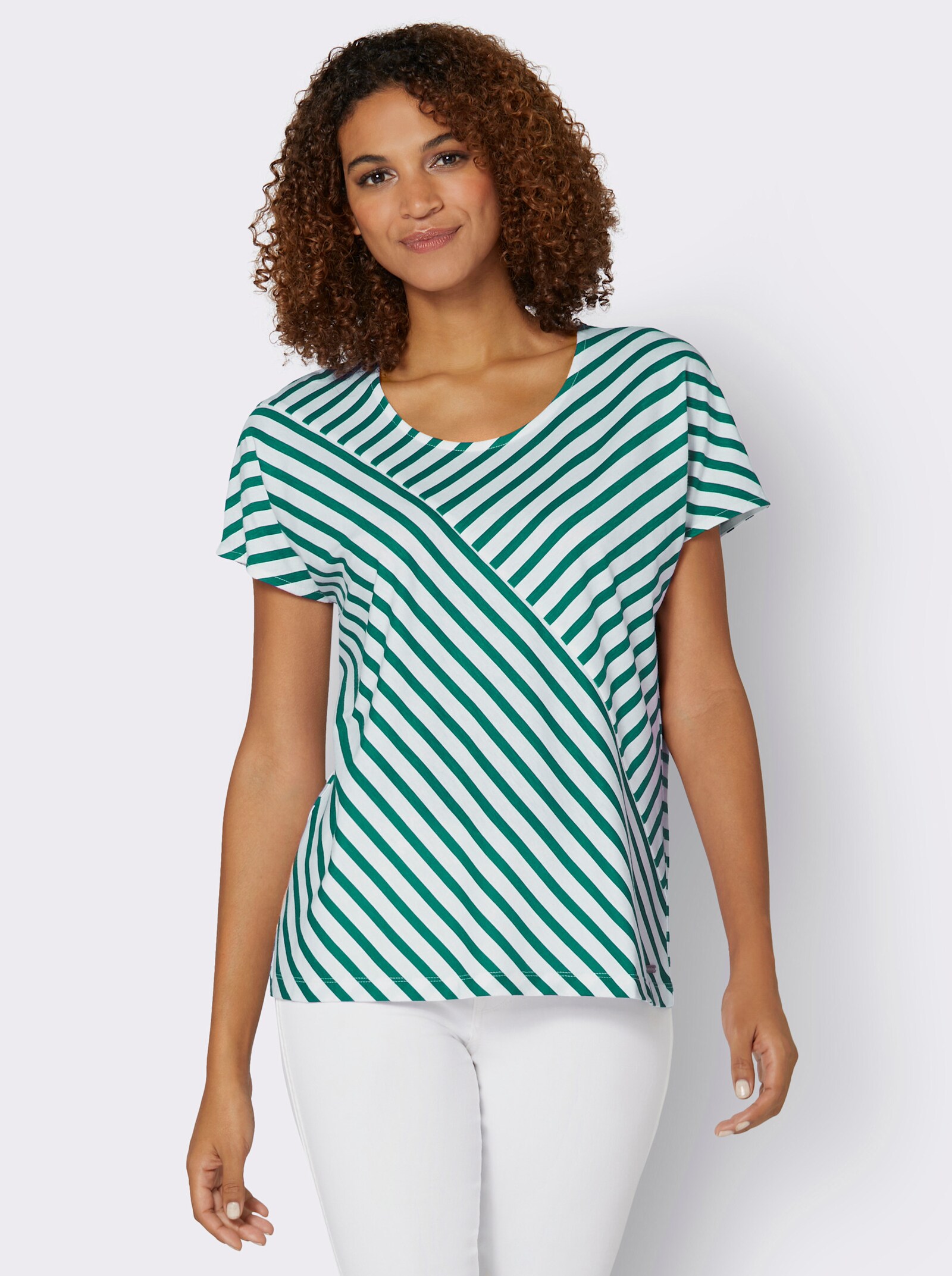 Proužkované tričko se zakrytými rameny - zelená-bílá-proužek