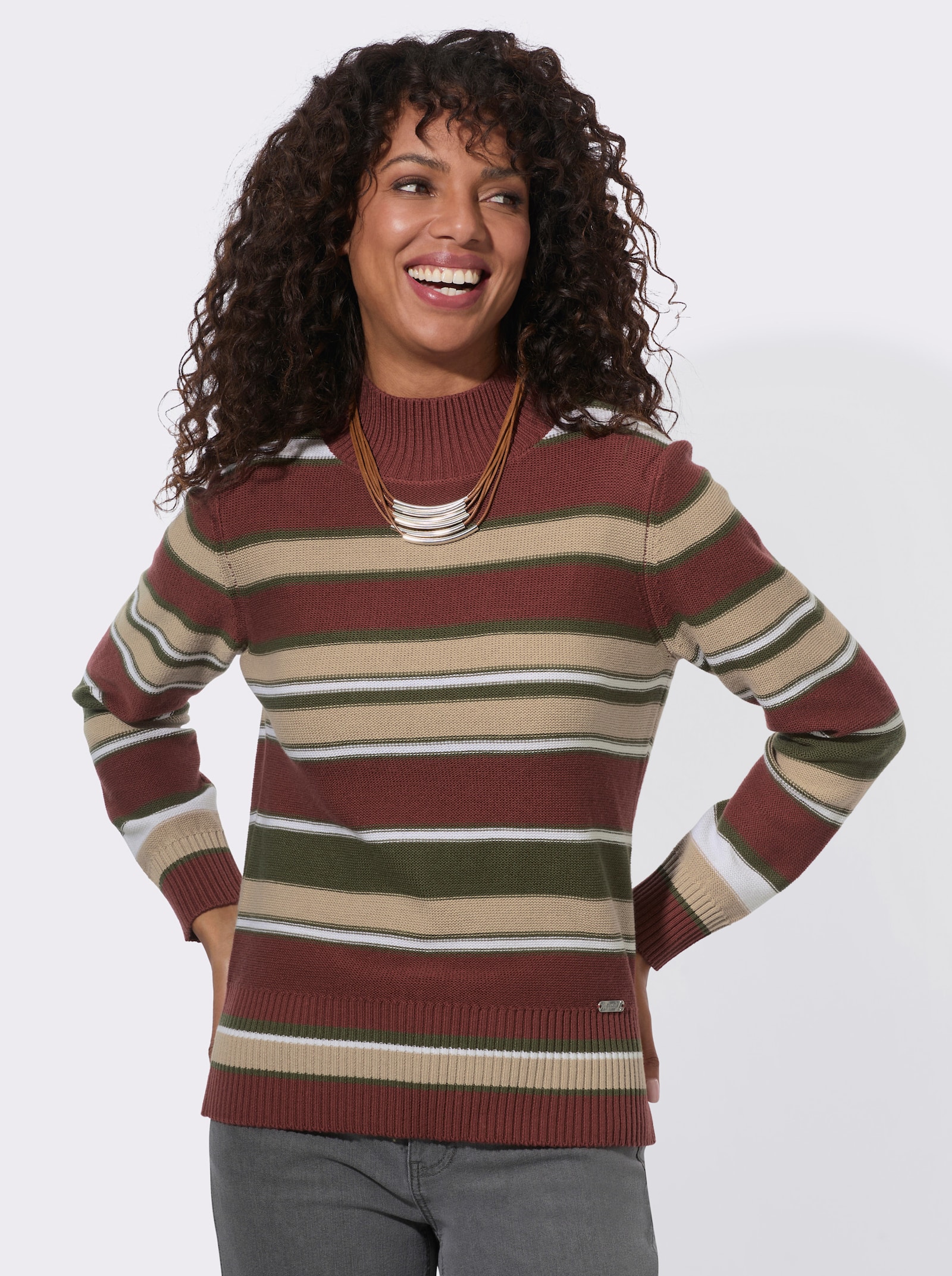 Stehkragenpullover mit Rippbündchen - rotbraun-oliv-geringelt