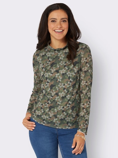 Stehkragenshirt in Mesh-Qualität - khaki-sand-bedruckt