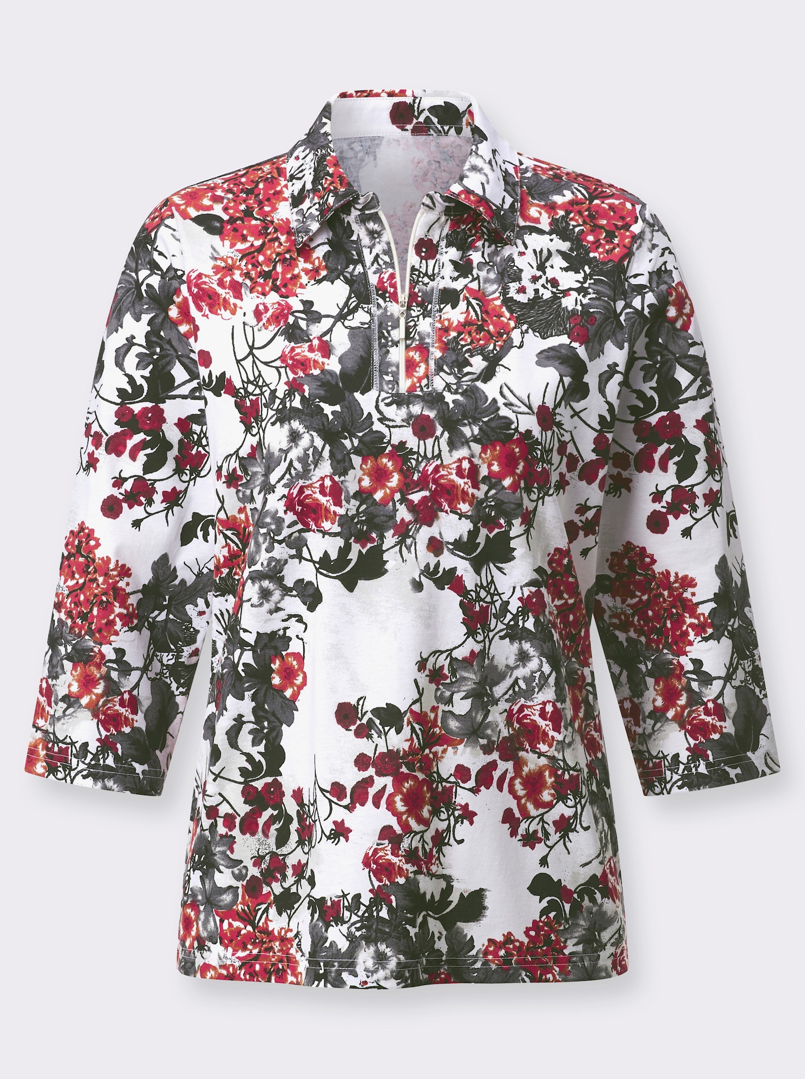 Poloshirt mit Glitzersteinchen - rot-grau-bedruckt