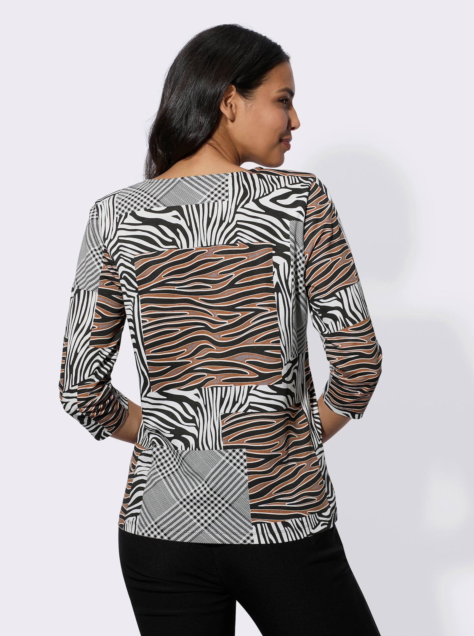 Shirt met ronde hals en patchworkpatroon - zwart/cognac bedrukt