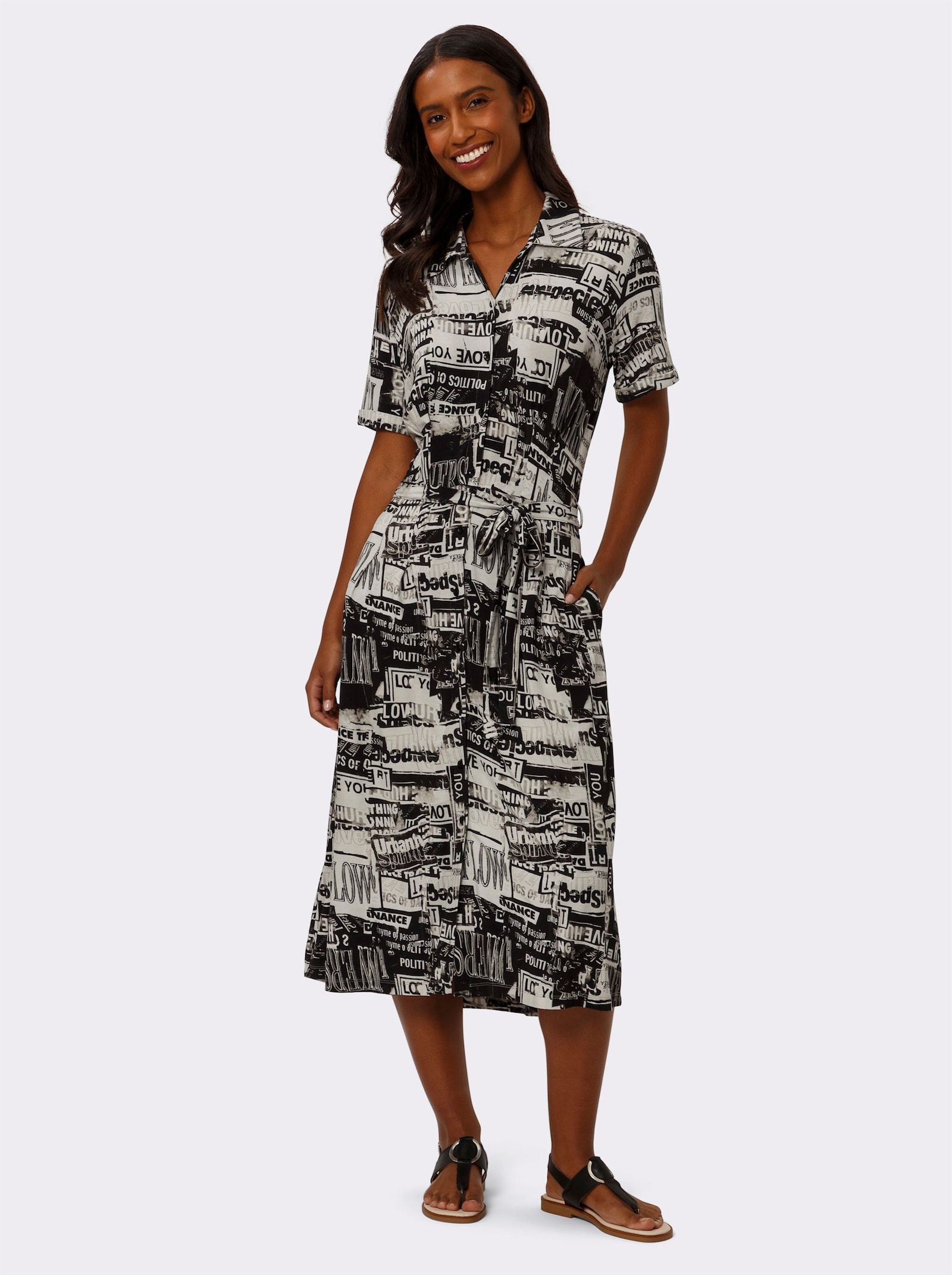 heine Jurk met print en bindceintuur - zwart/wit geprint