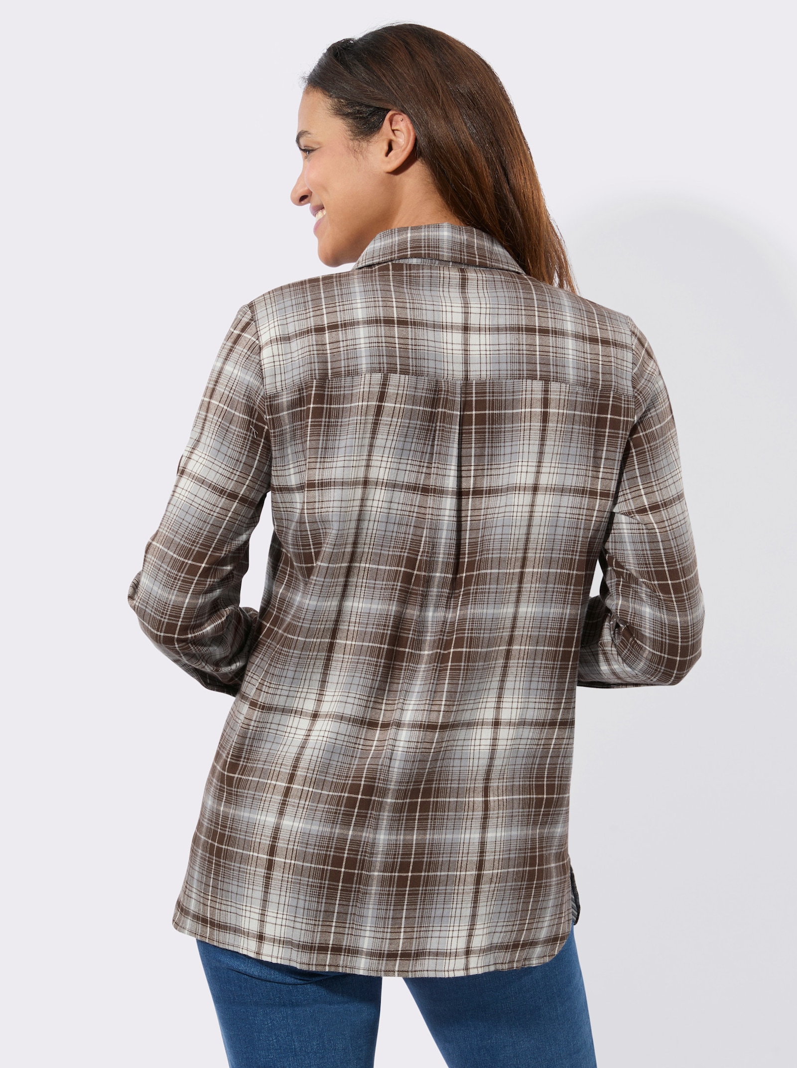 Flanellbluse mit Seitenschlitzen - braun-steingrau-kariert