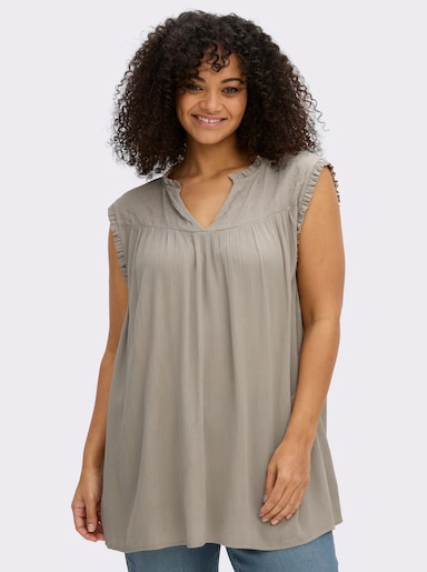 sheego Ärmellose Bluse mit Rüschen und Stickerei - sesam