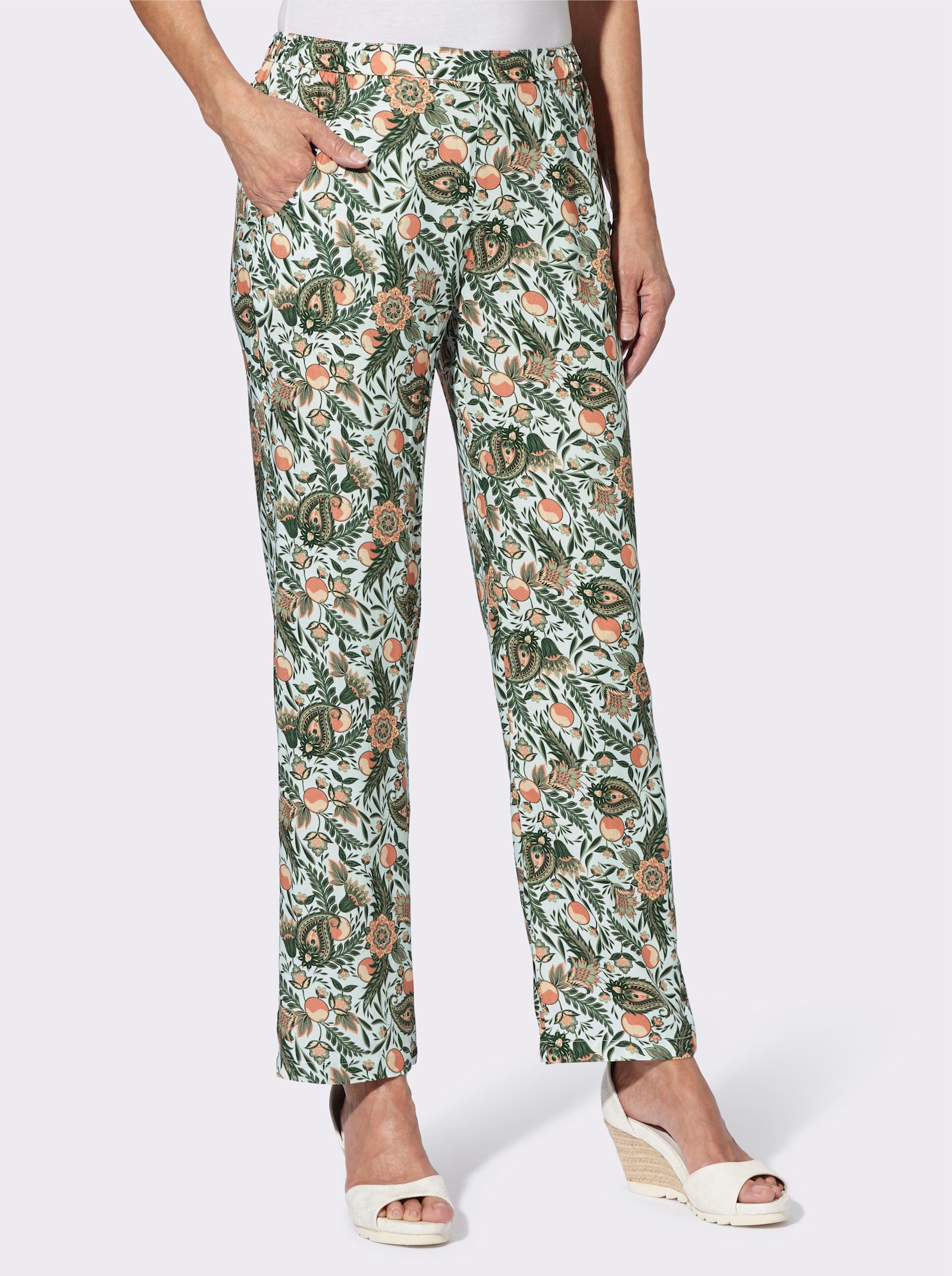 Comfortbroek van pure viscose - ecru/eucalyptus bedrukt