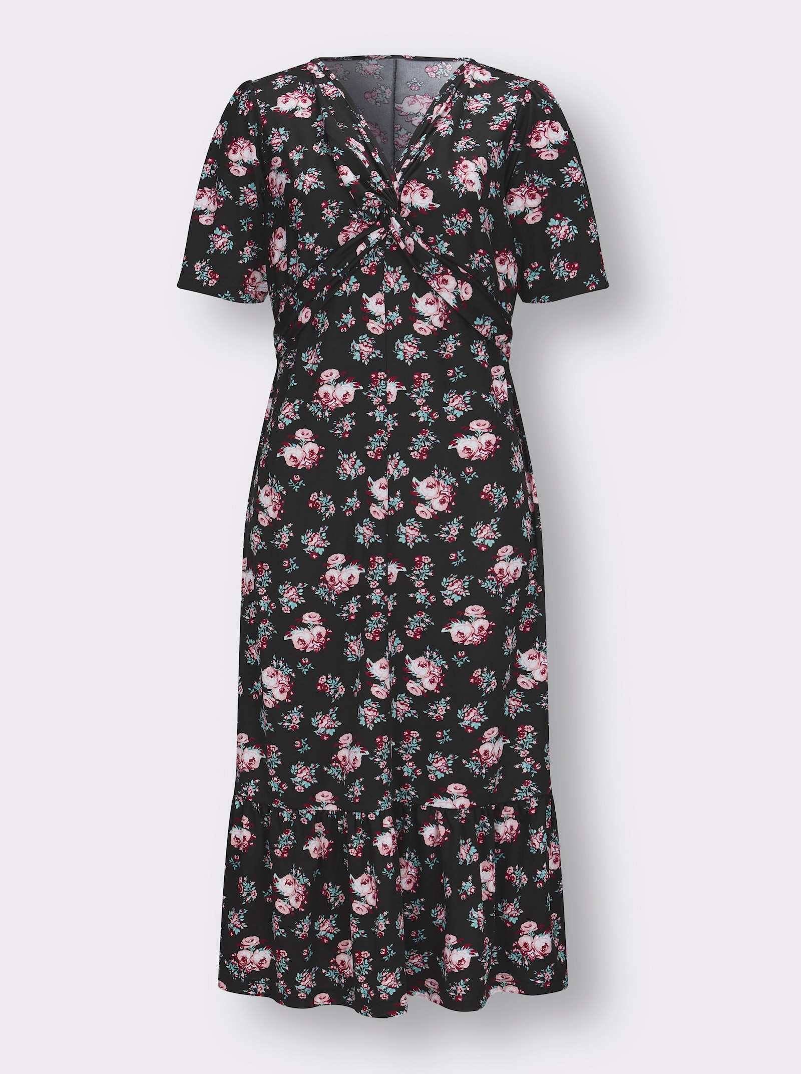 Shirtkleid mit Volant am Saum - schwarz-hortensie-gemustert