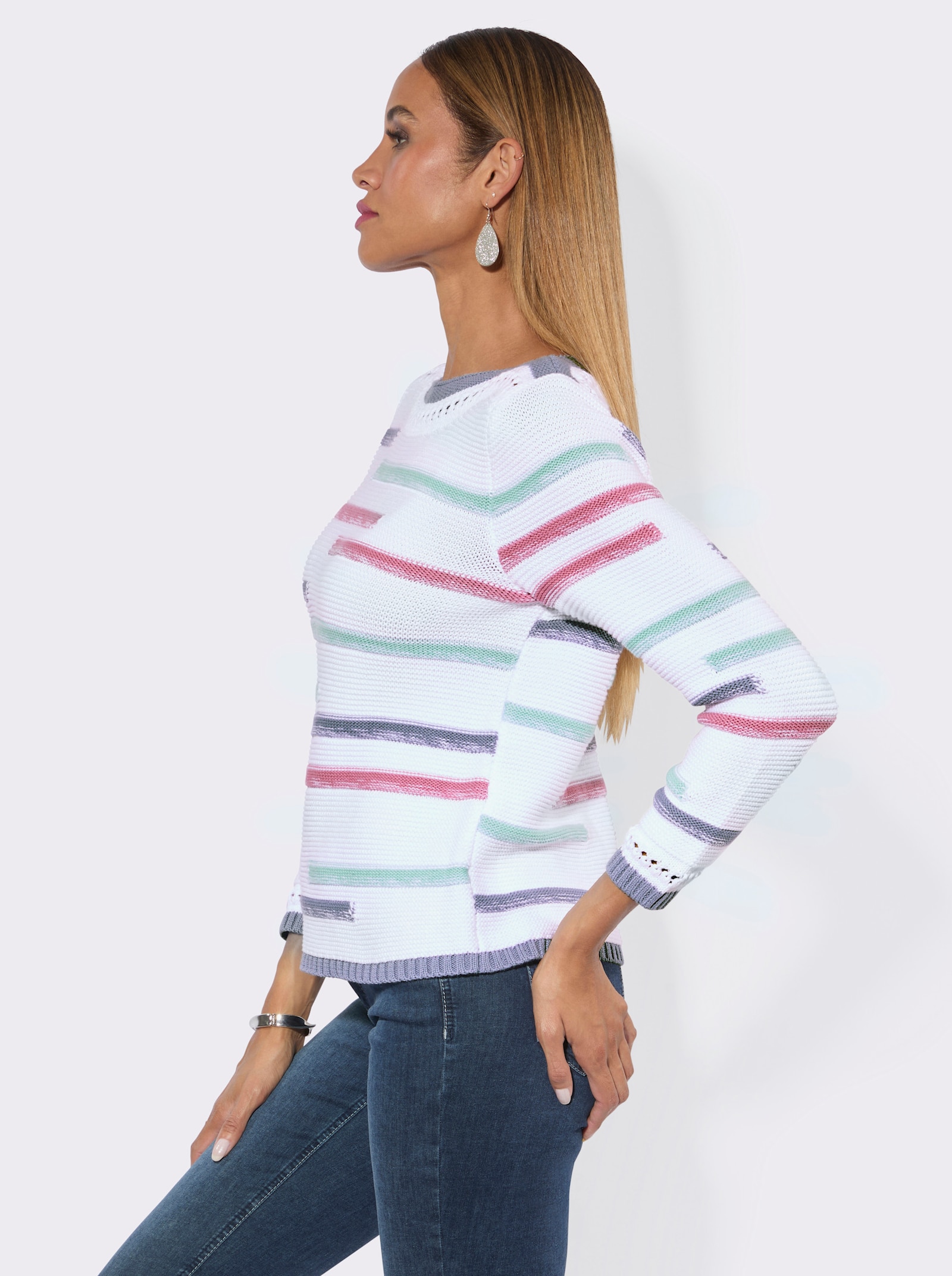 Langarm-Pullover mit U-Boot-Ausschnitt - weiß-taubenblau-geringelt