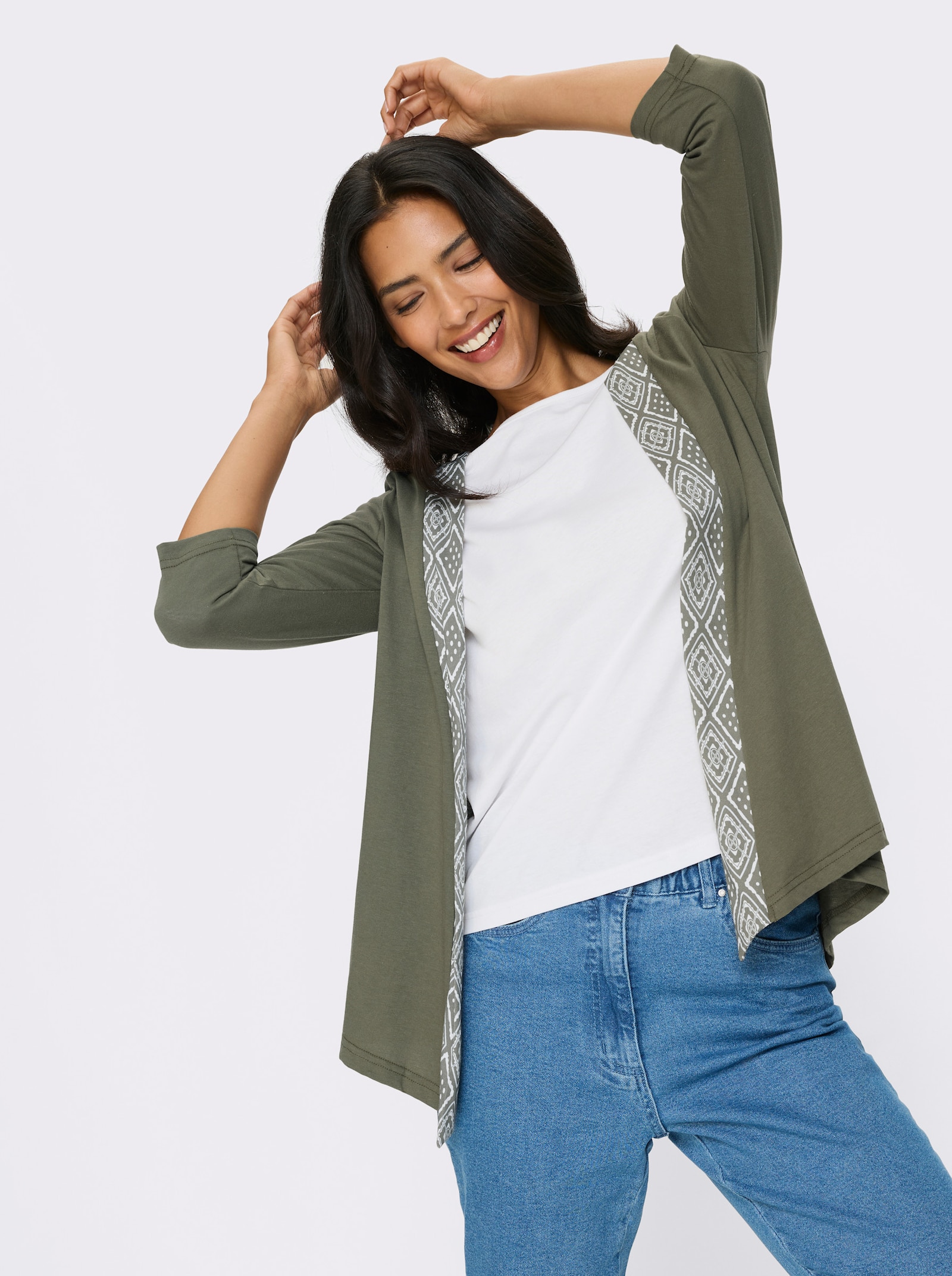 Shirtjasje met bies in etnostijl - kaki/ecru