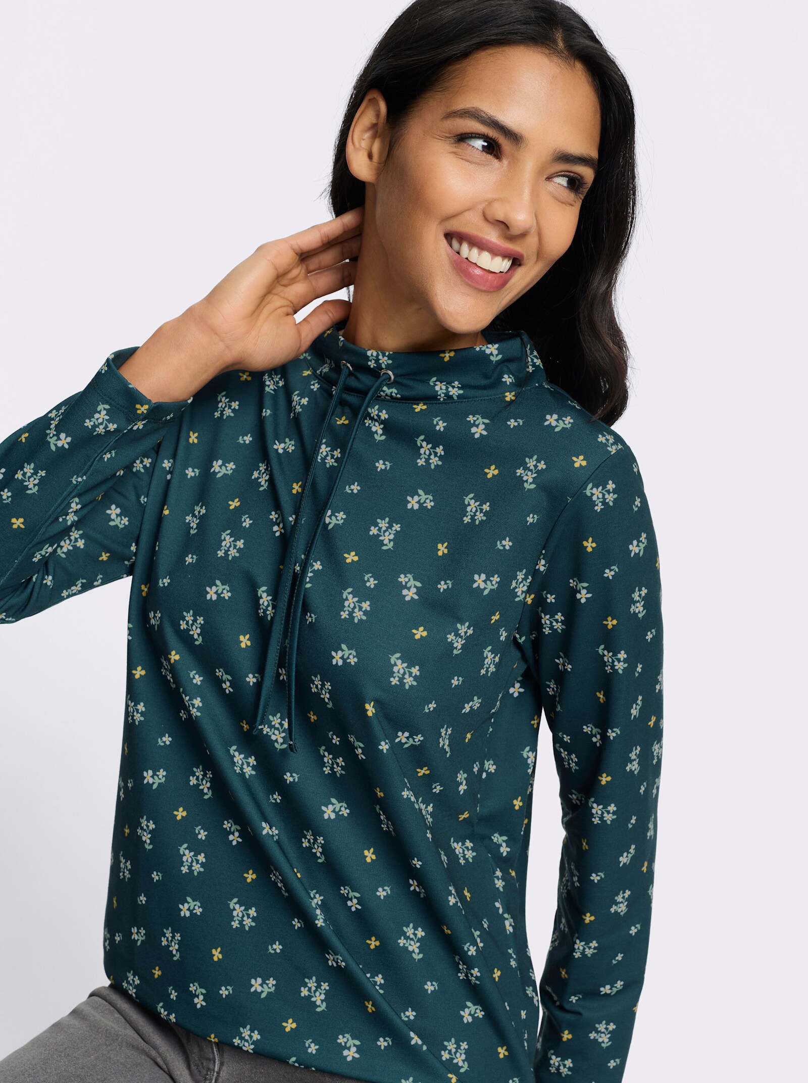Sweatshirt im floralen Dessin - petrol-ecru-bedruckt