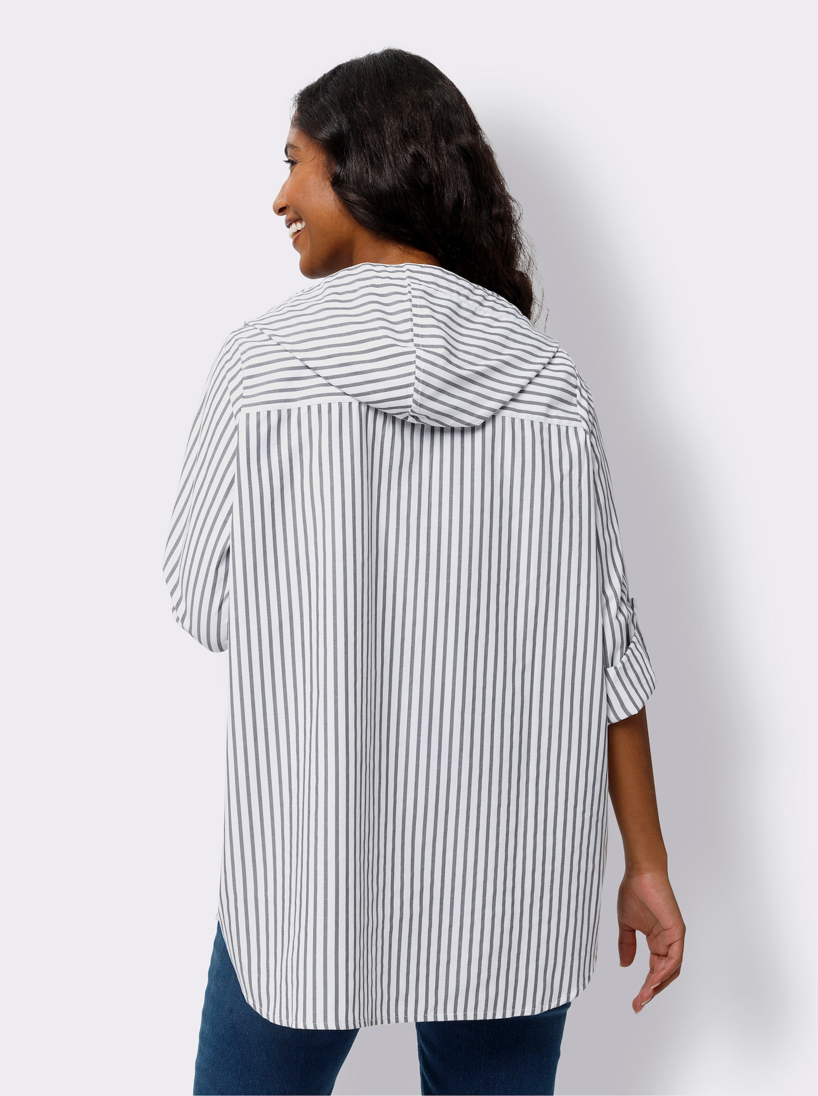 heine Gestreifte Bluse mit Kapuze - khaki-ecru-gestreift