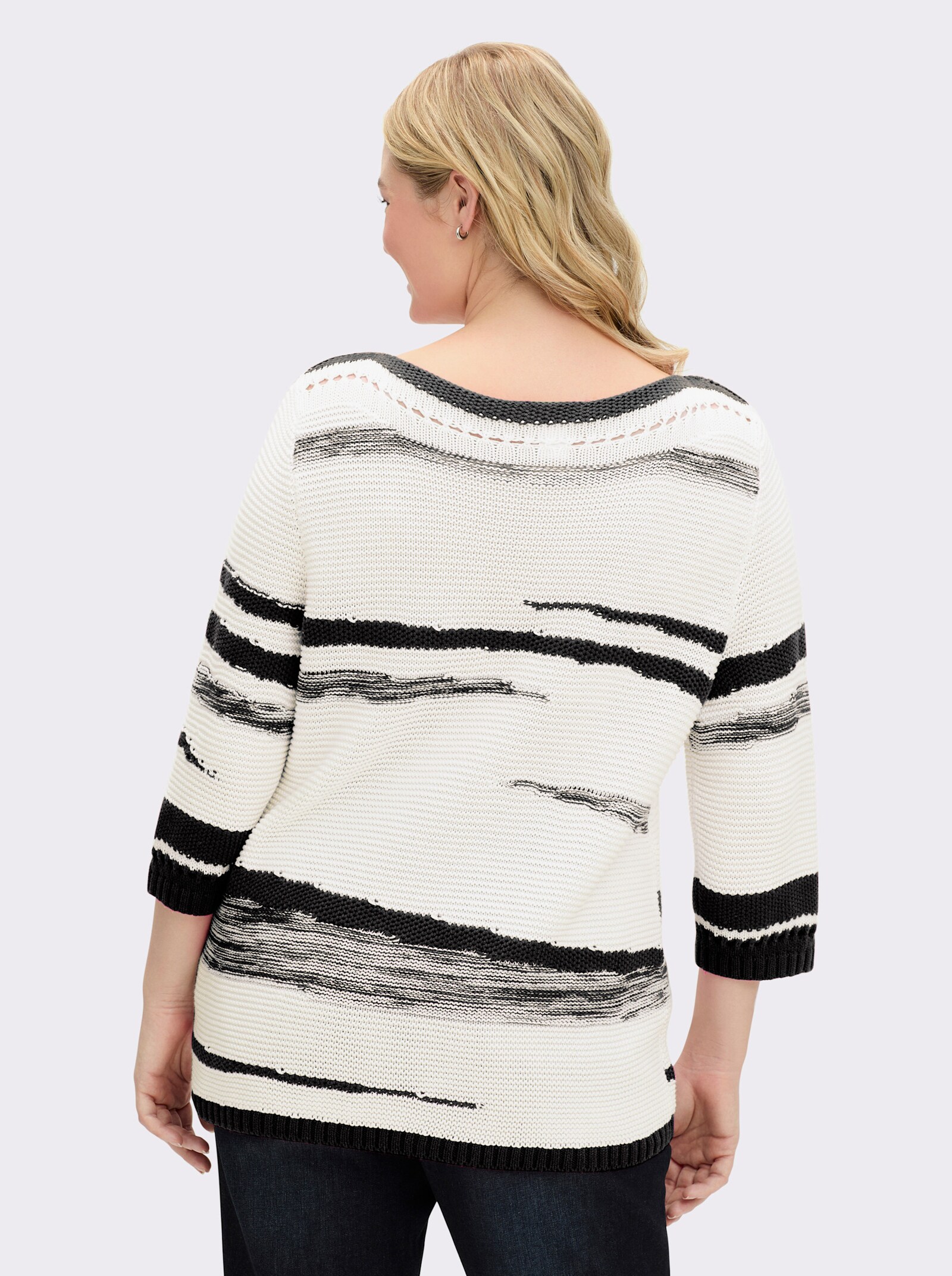 3/4 Arm-Pullover mit Lochmuster - weiß-schwarz-gemustert