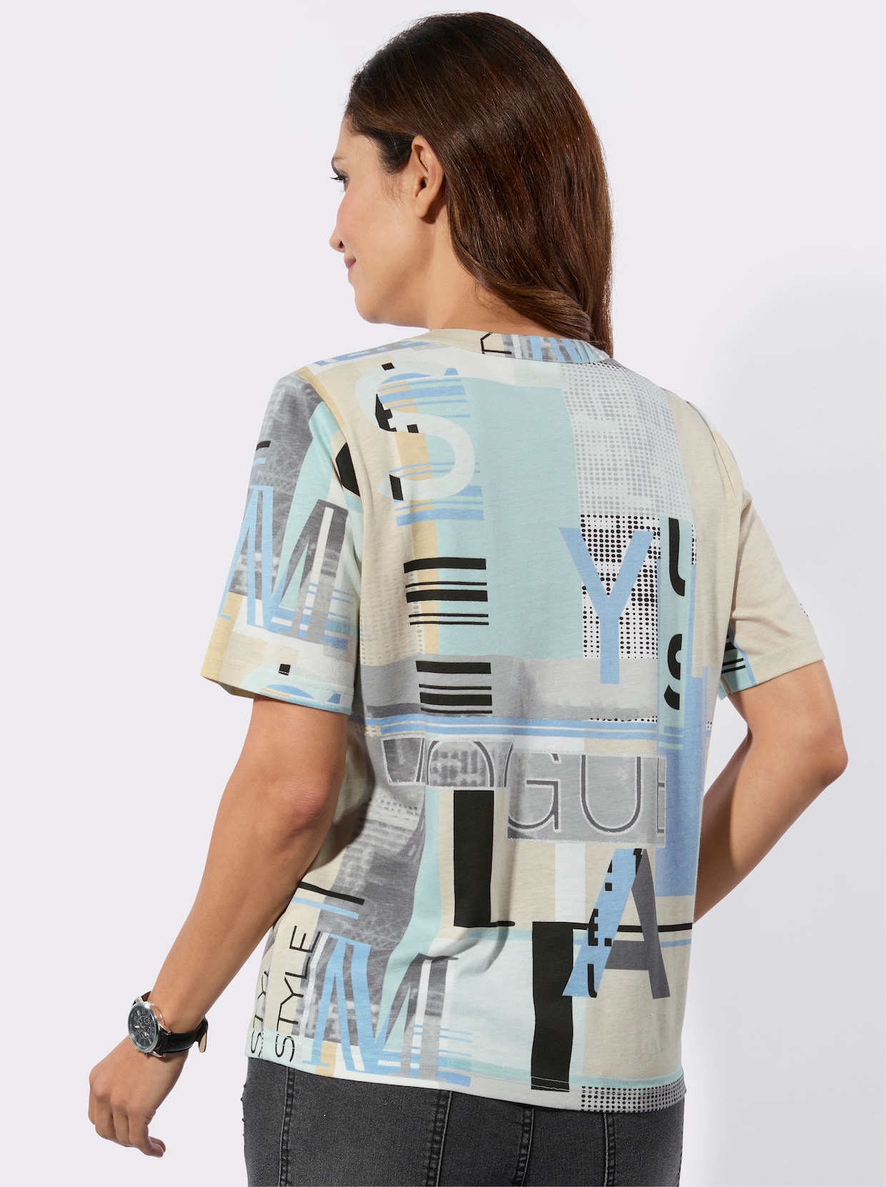 Kurzarmshirt im Baumwoll-Modal-Mix - bleu-sand-bedruckt