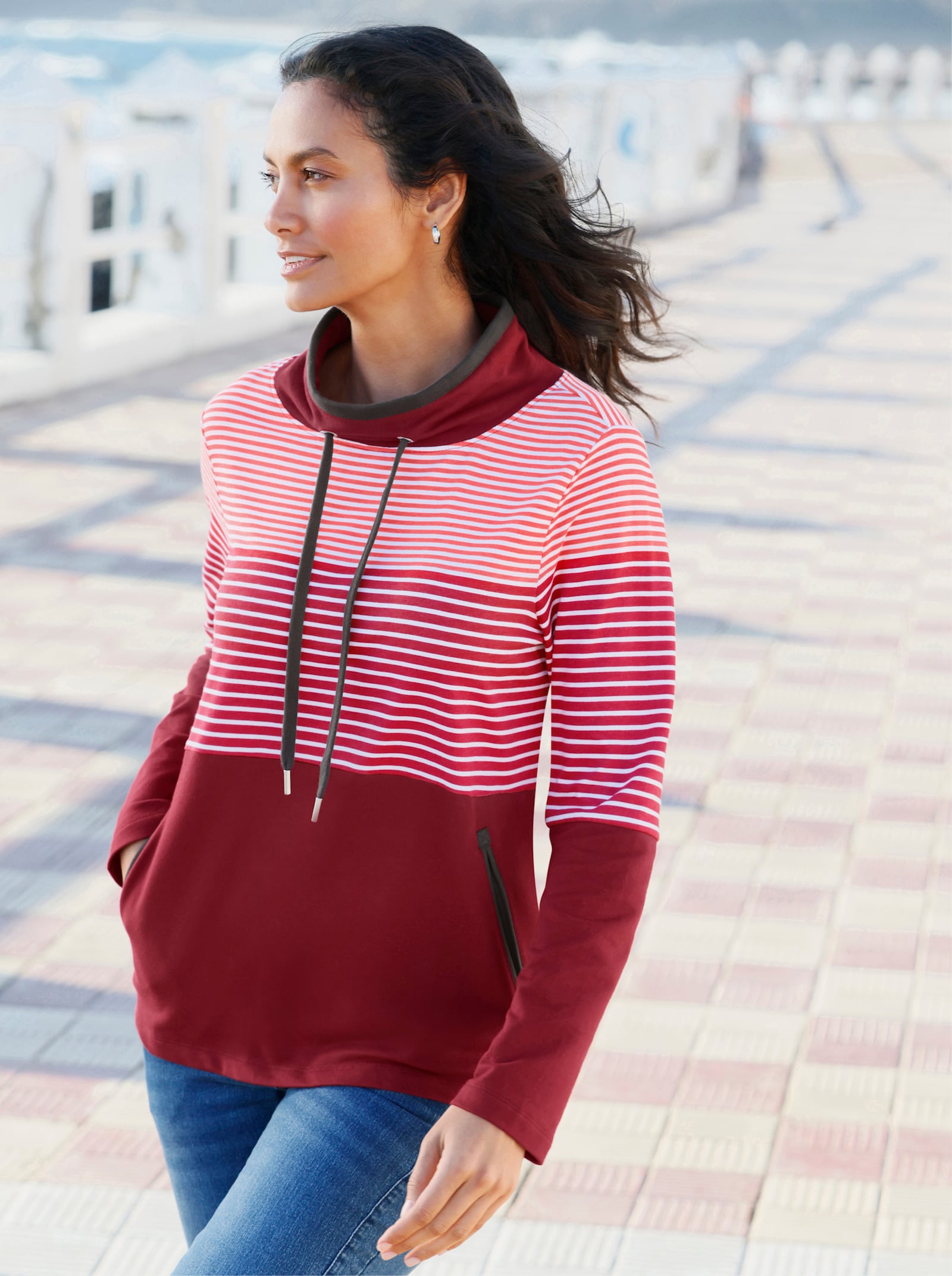 Sweatshirt mit Taschen - erdbeere-ecru-geringelt