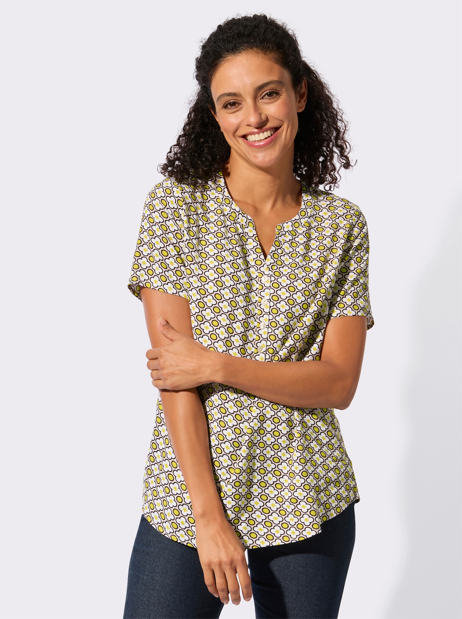 Kurzarmbluse in Schlupfform - sand-limone-bedruckt