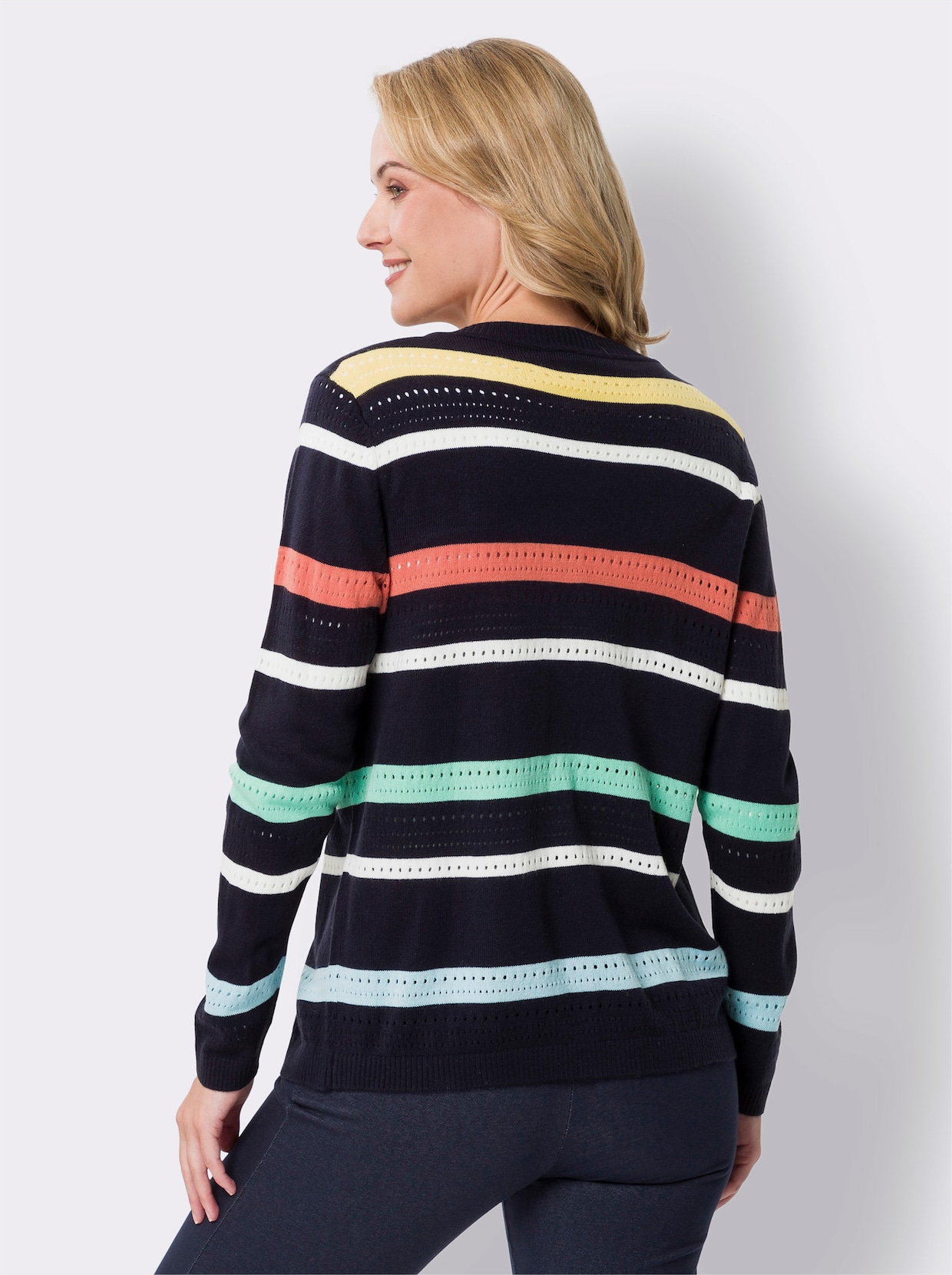 Ajourstrickjacke - marine-grapefruit-geringelt