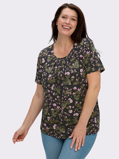Kurzarmshirt mit Blümchenmuster - schwarz-rosé-bedruckt