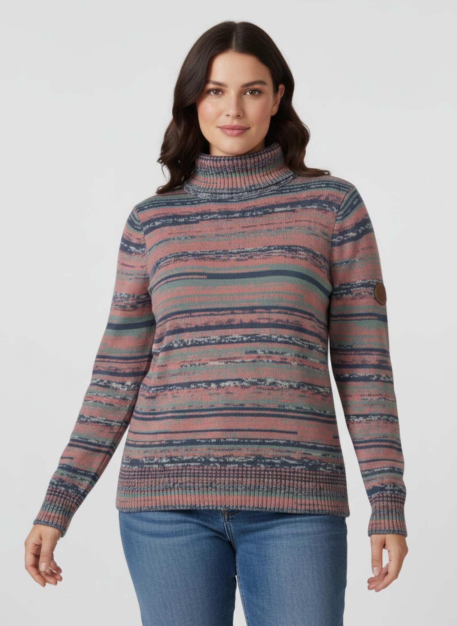 Rollkragenpullover mit mehrfarbigem Ringel-Muster - rosenholz-jade-gemustert