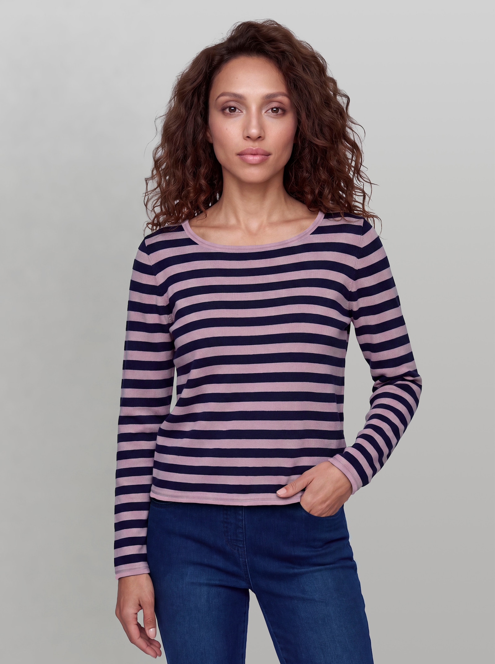 heine Feinstrickpullover mit Rollbündchen - marine-rosé-geringelt