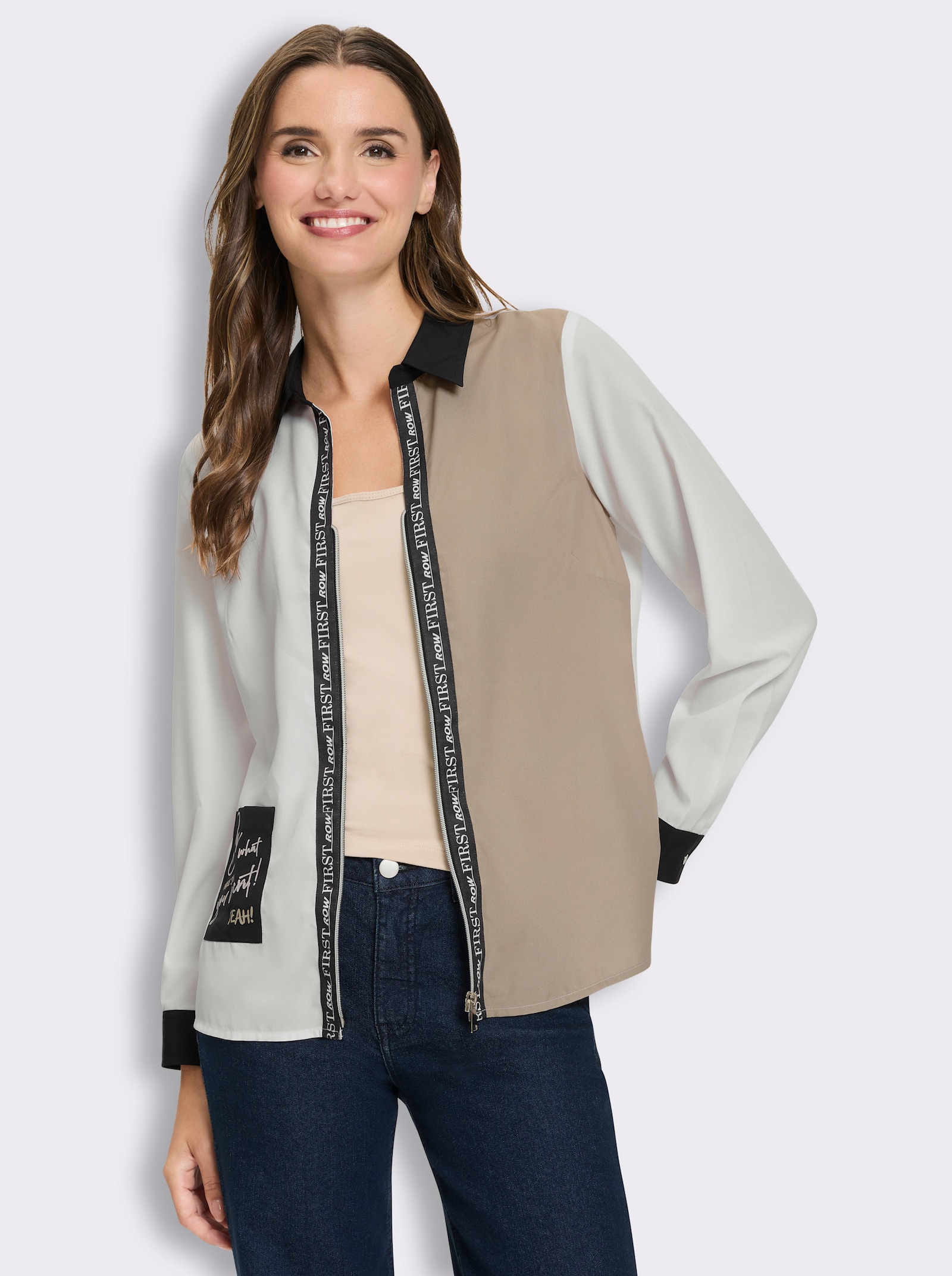 Langarm-Bluse mit Kontrast-Details - weiß-beige