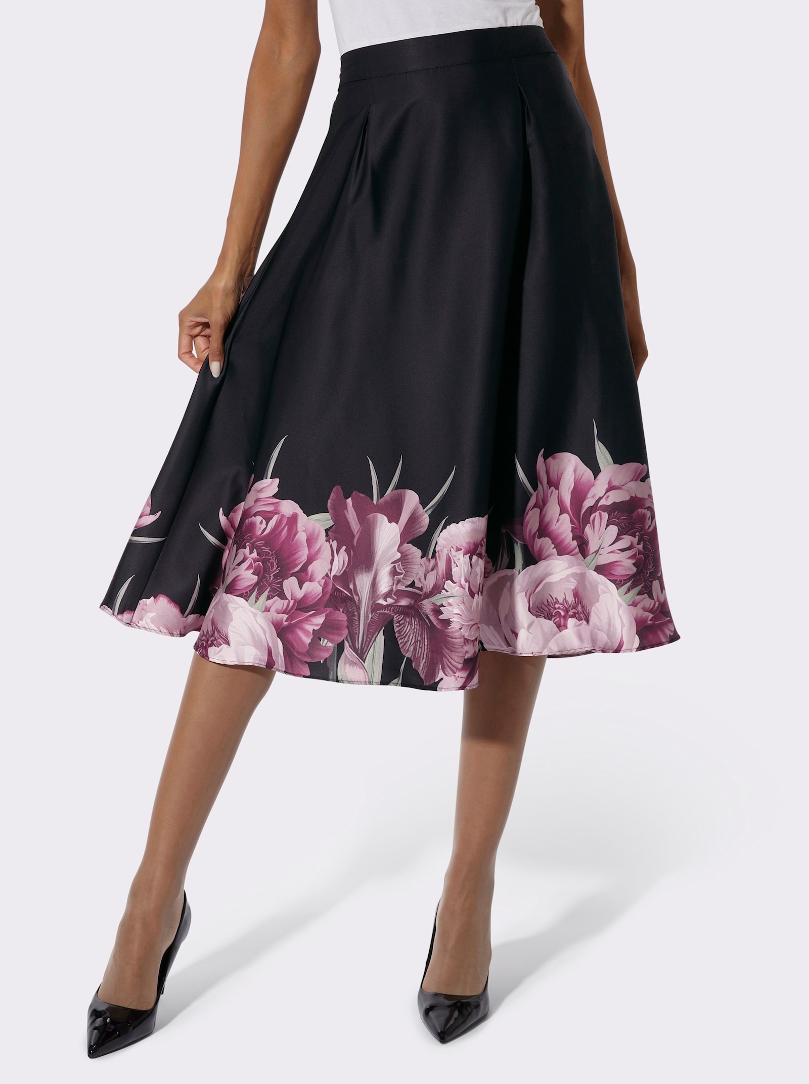 Webrock mit Rundum-Dehnbund - schwarz-hortensie-bedruckt