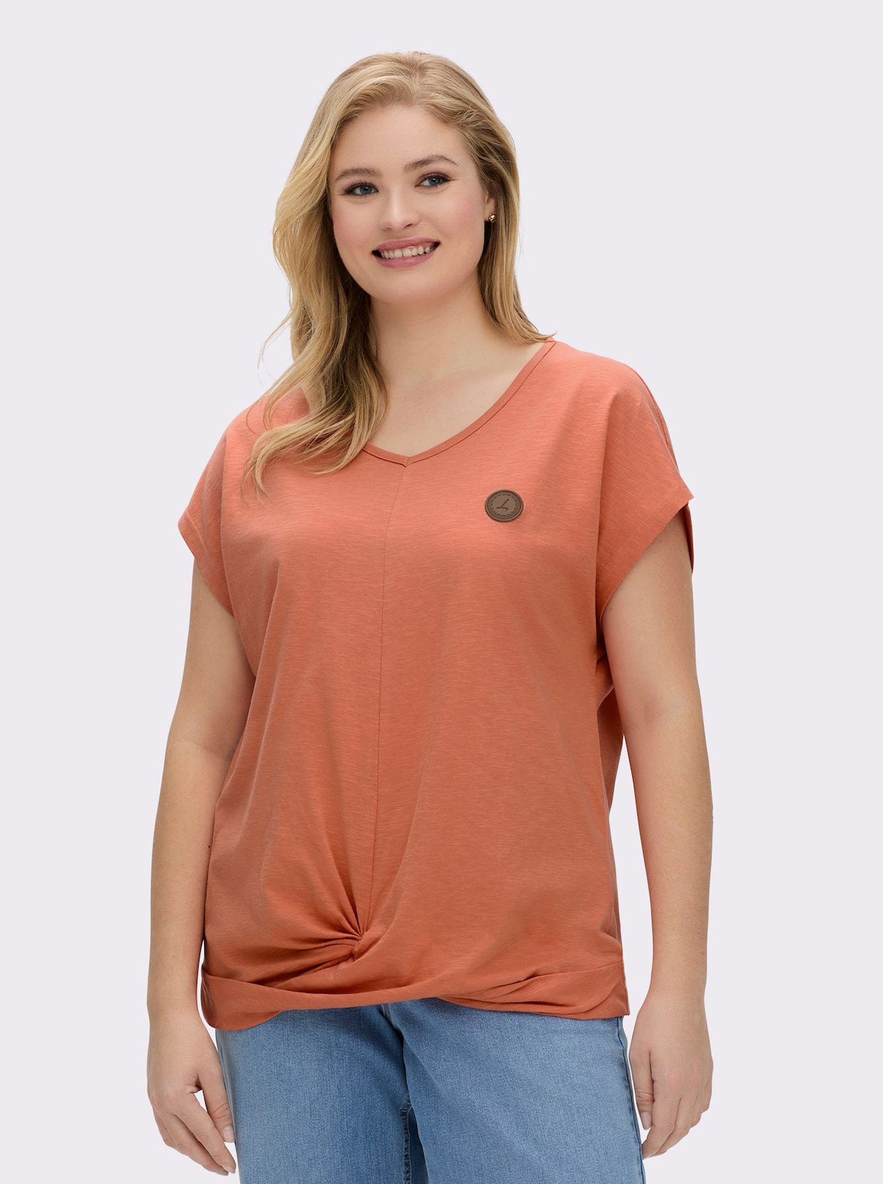 Kurzarmshirt Saum in Knoten-Optik - papaya