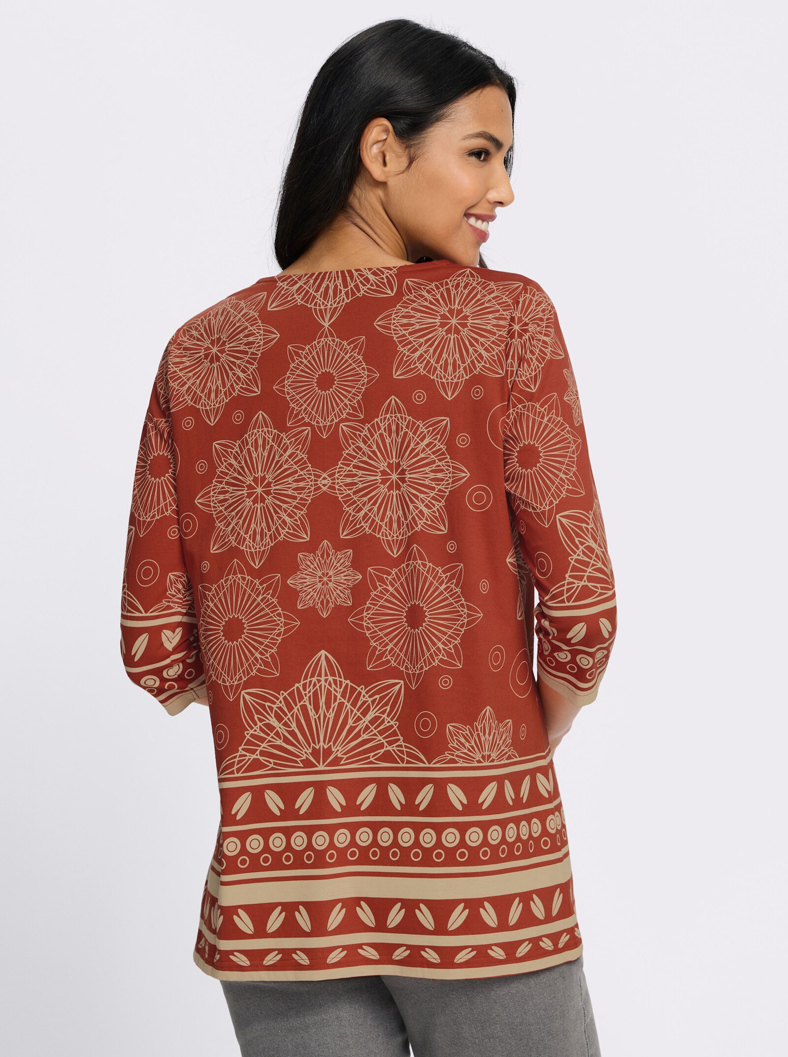Longshirt mit Bordüren-Druck - rostrot-beige-bedruckt