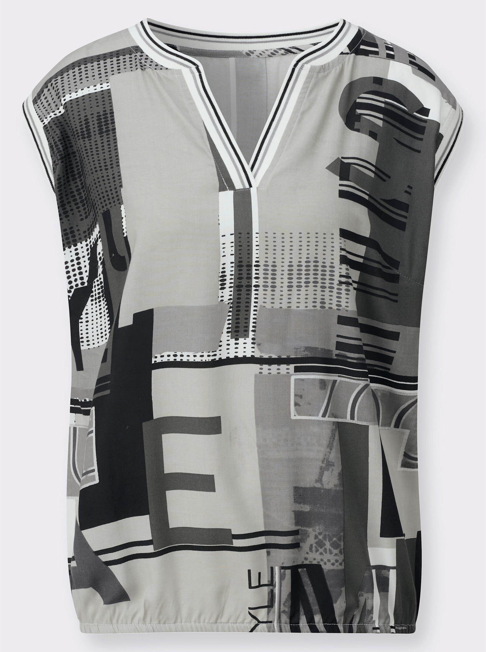 Blusentop mit gestreiften Bündchen - schwarz-ecru-bedruckt