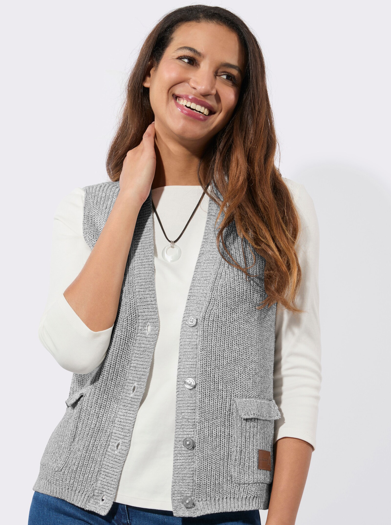 Strickweste mit Ripp-Abschlüssen - steingrau-ecru-meliert
