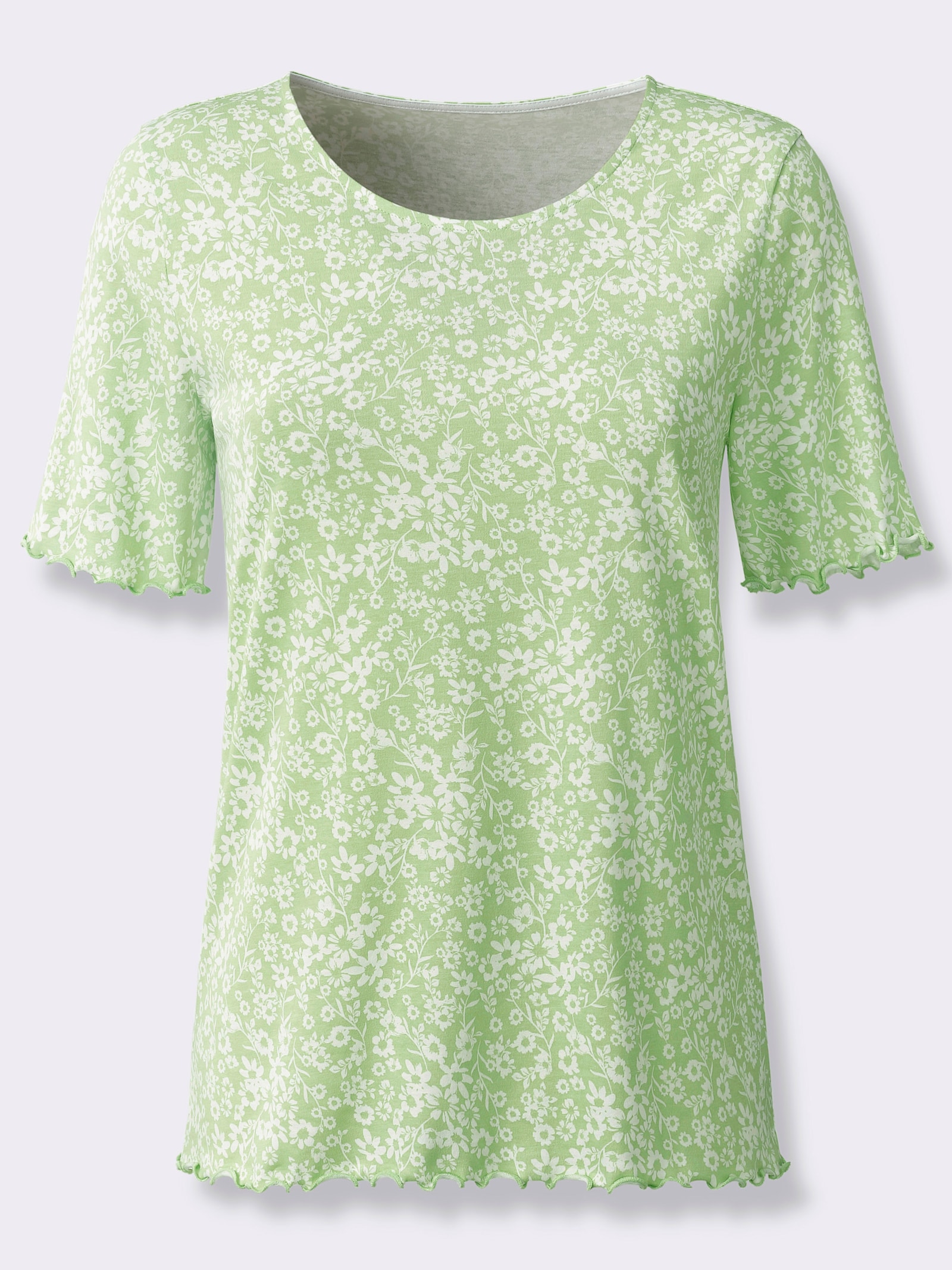 Kurzarmshirt mit gewellten Abschlüssen - reseda-ecru-bedruckt