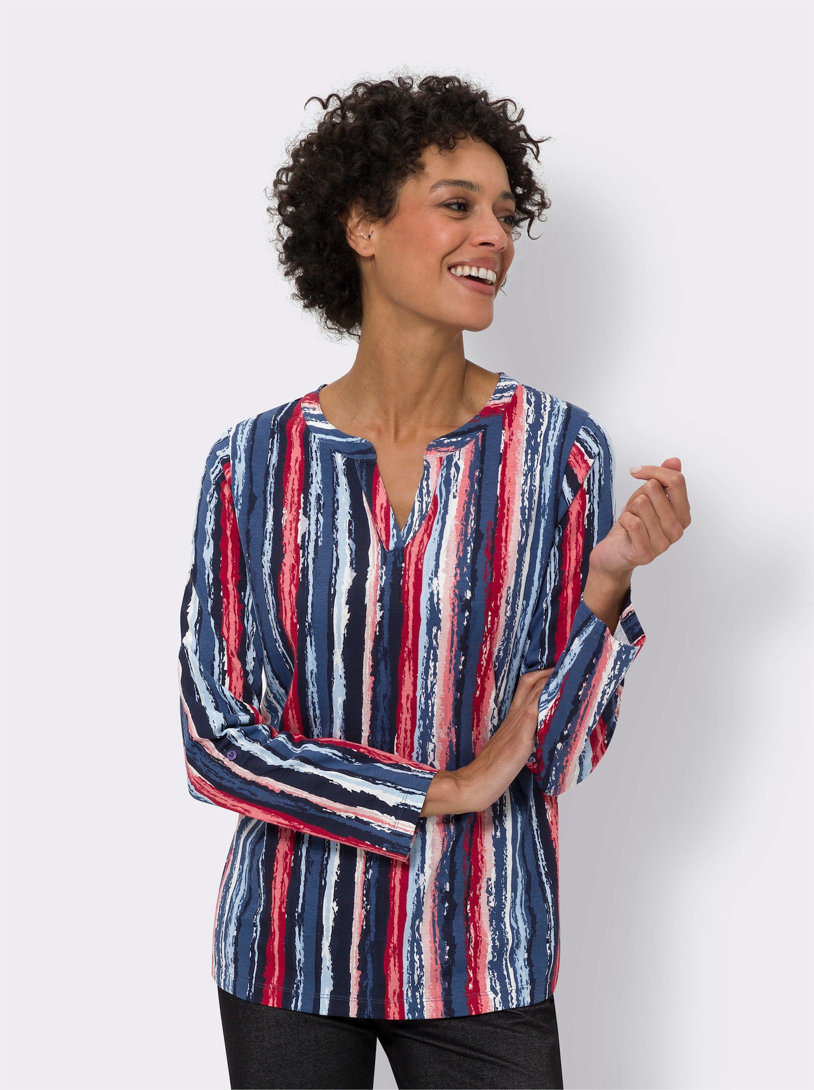 Langarmshirt mit Krempelärmel - marine-erdbeere-bedruckt