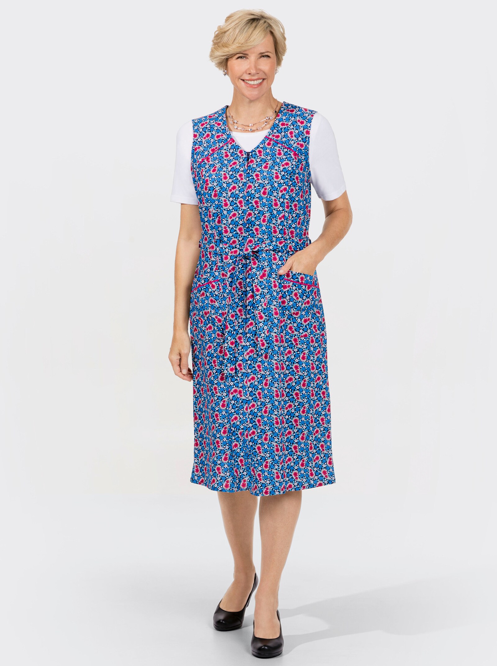 RV-Schürze mit V-Ausschnitt - royalblau-himbeere-bedruckt