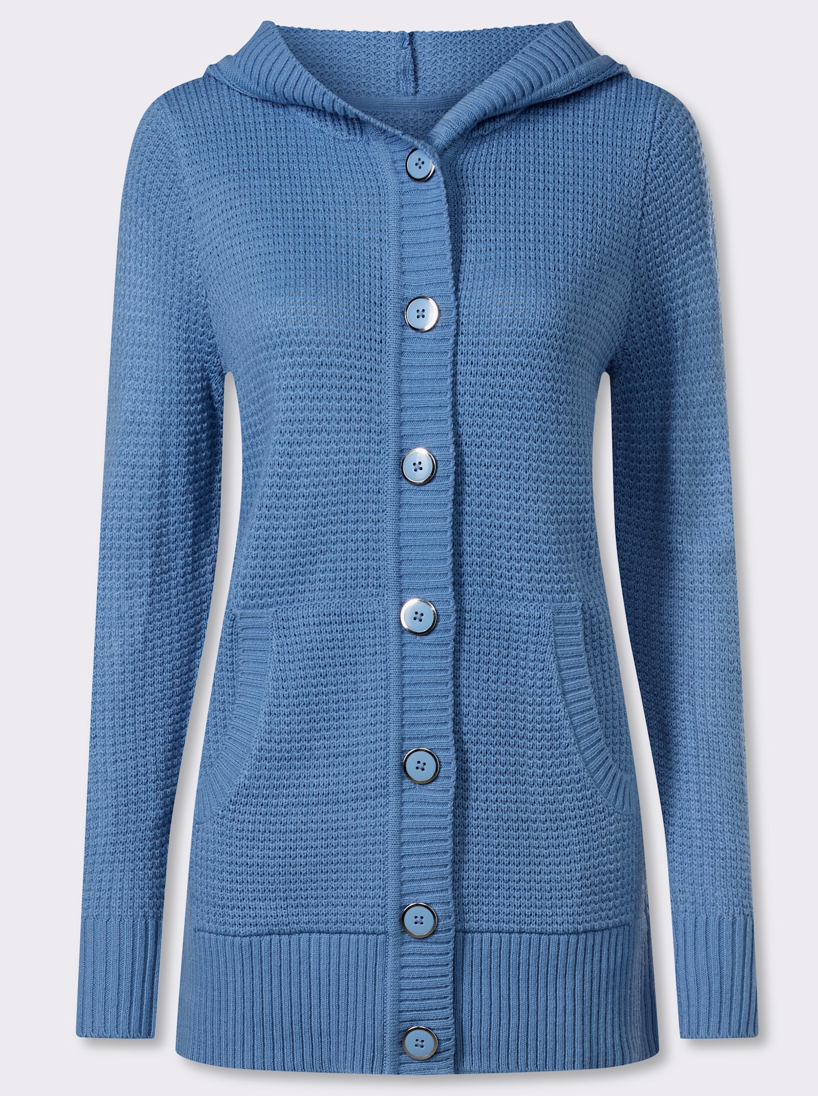 Kapuzenstrickjacke mit Känguru-Taschen - mittelblau