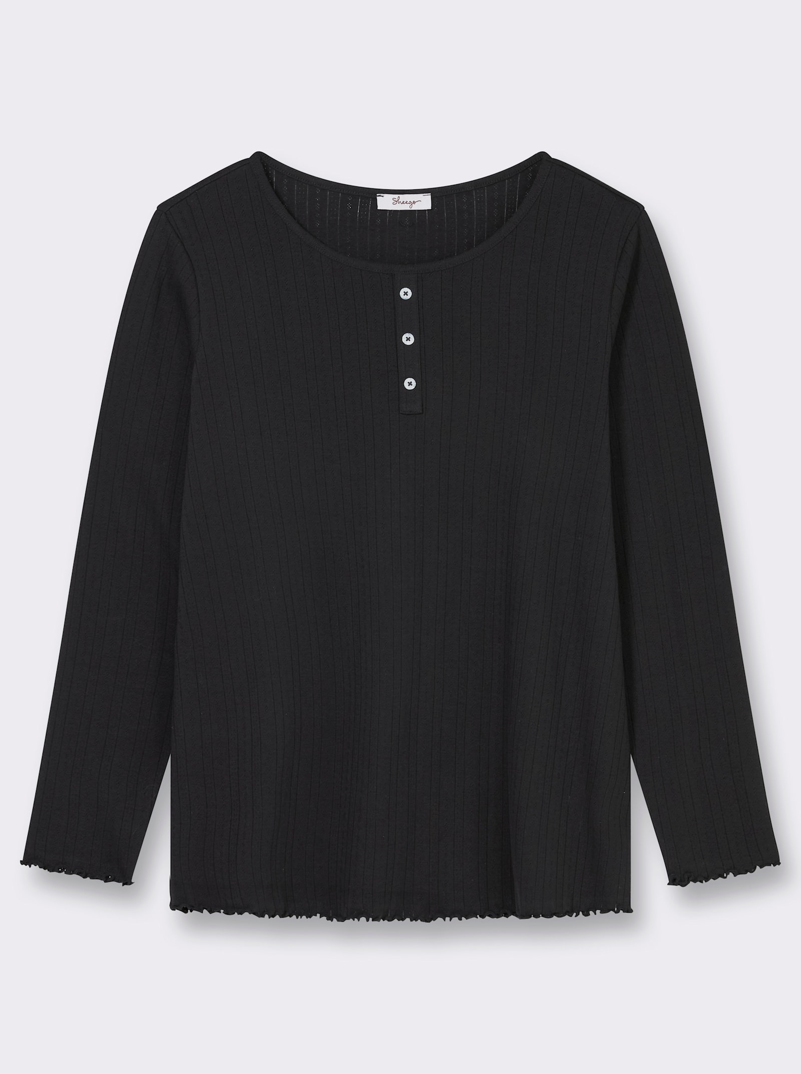 sheego Langarmshirt in Ajour-Qualität, mit Zierknöpfen - schwarz