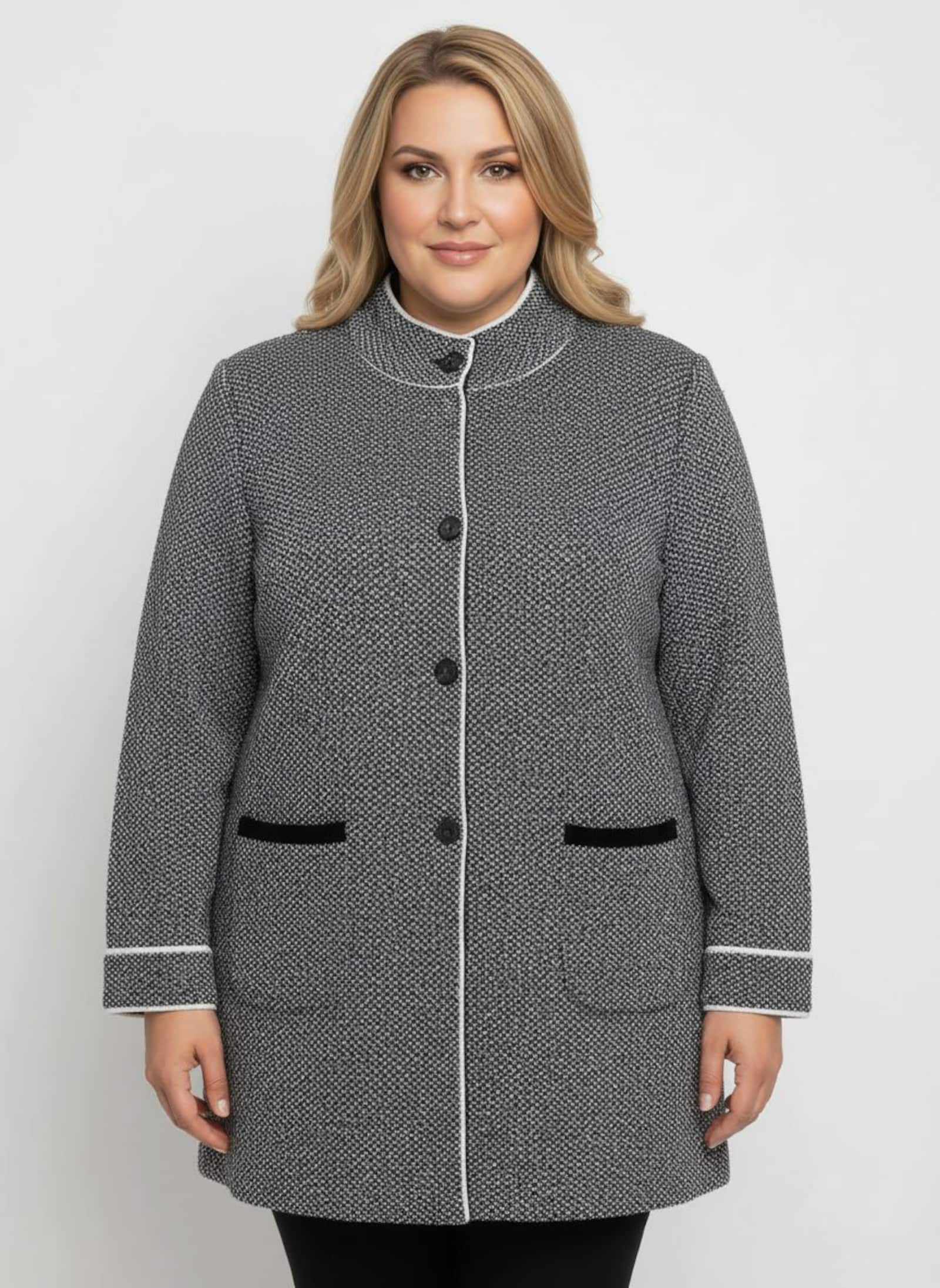 Jacquardstrickjacke mit Stehkragen - ecru-schwarz-meliert