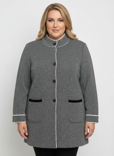 Jacquardstrickjacke mit Stehkragen - ecru-schwarz-meliert