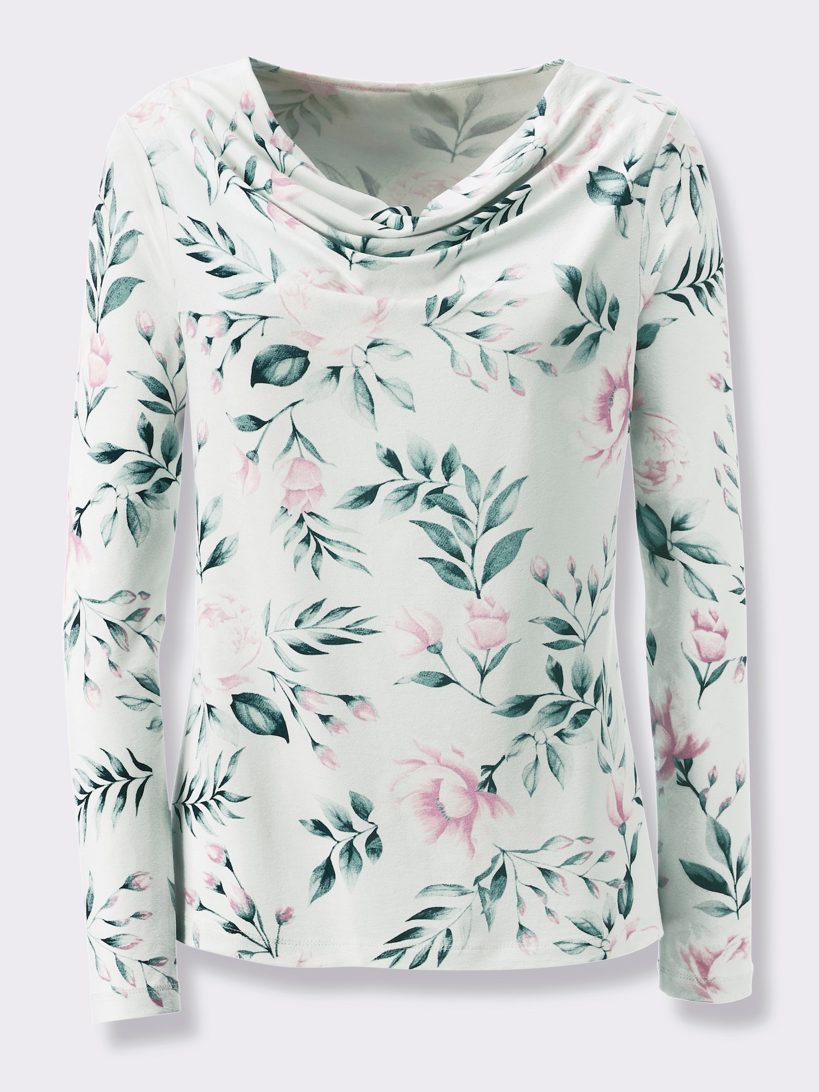 Langarmshirt mit Wasserfall-Ausschnitt - kalkmint-aquapetrol-bedruckt