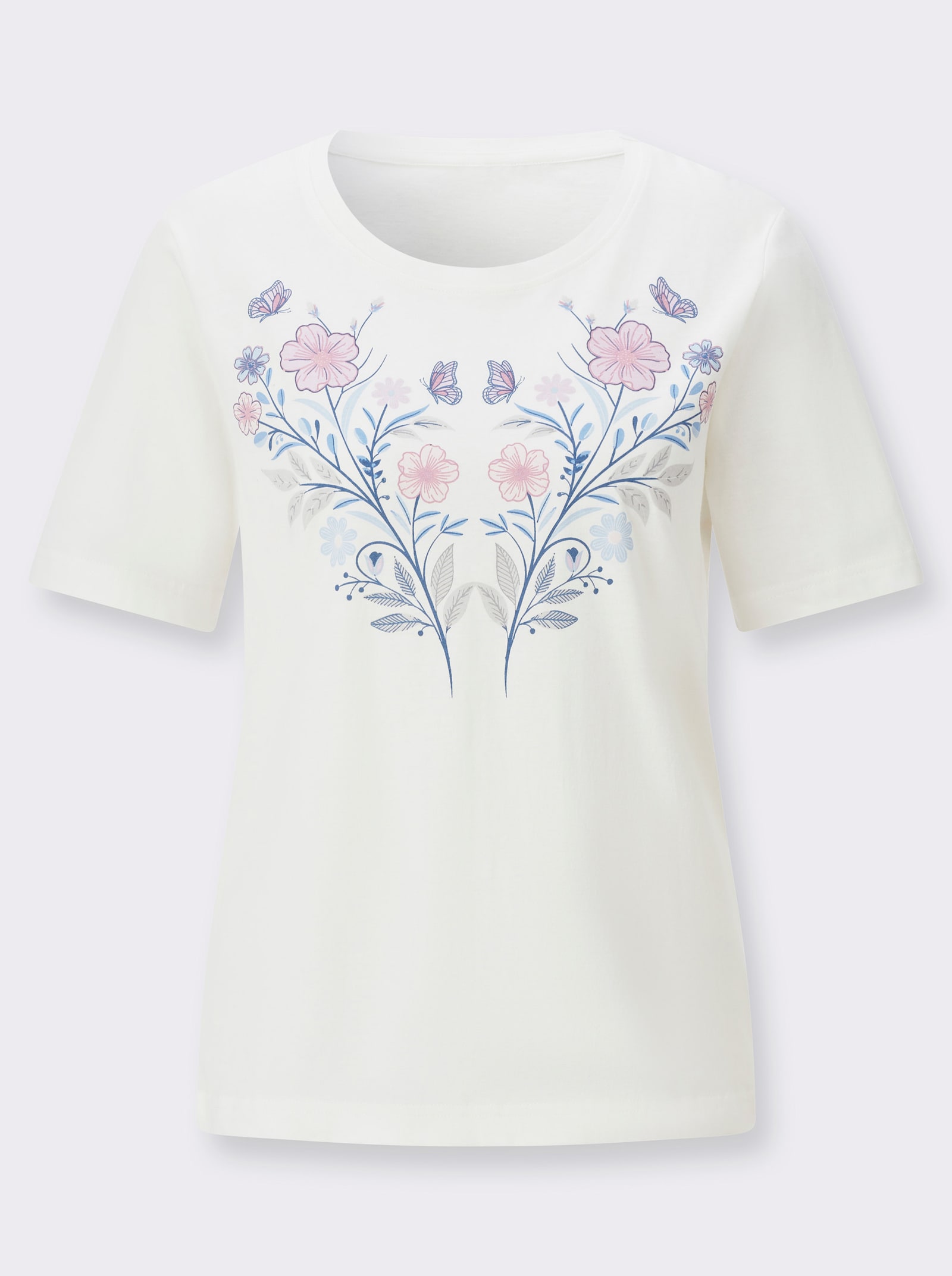 Kurzarmshirt mit Blüten- und Schmetterlingsmotiv - ecru