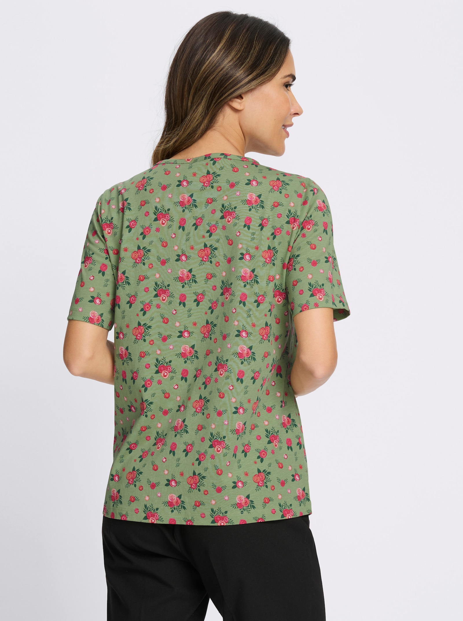 Kurzarmshirt mit Falten am Ausschnitt - eucalyptus-rot-bedruckt