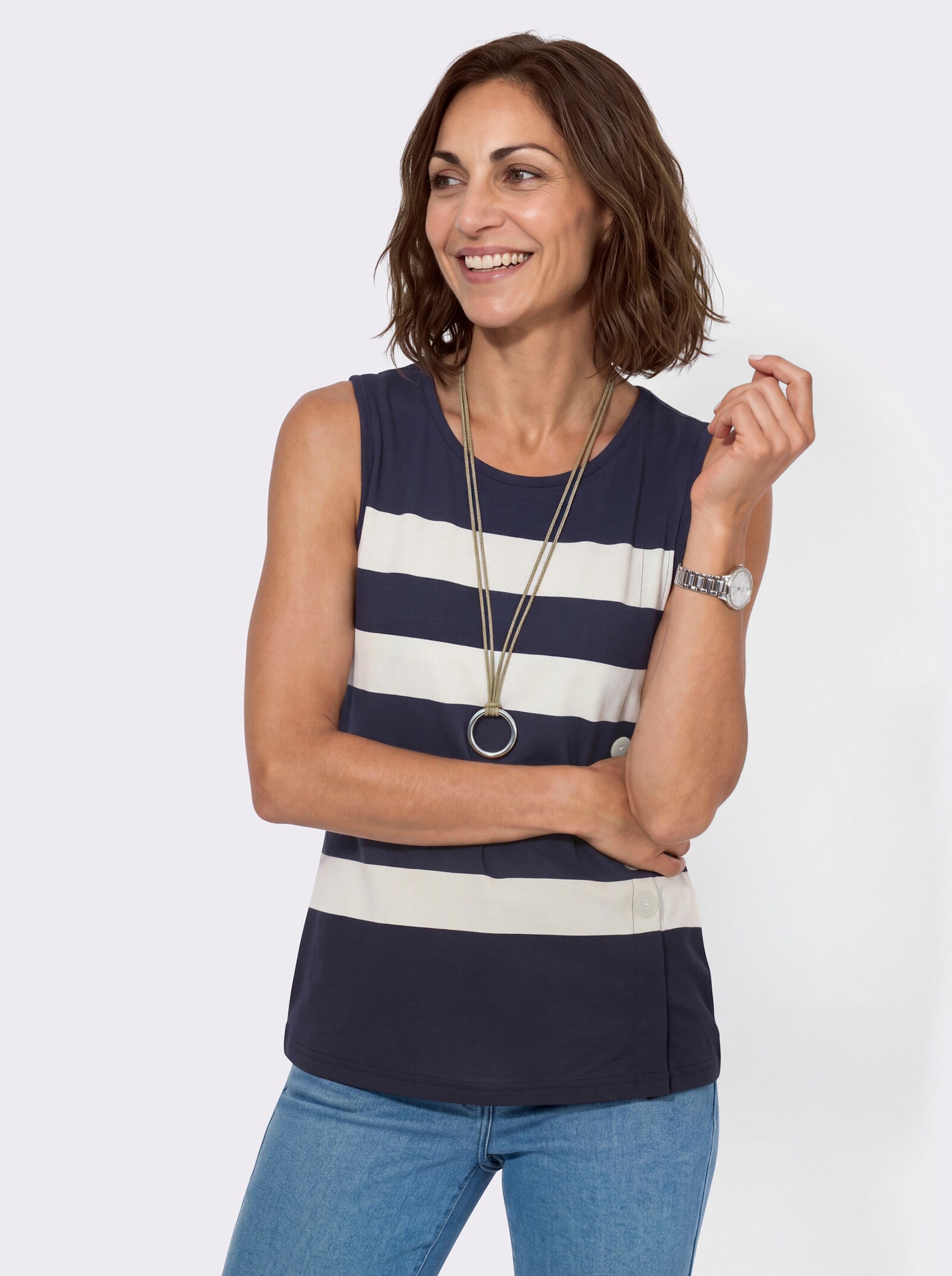 Shirttop mit Deko-Knopfleiste - marine-ecru-gemustert