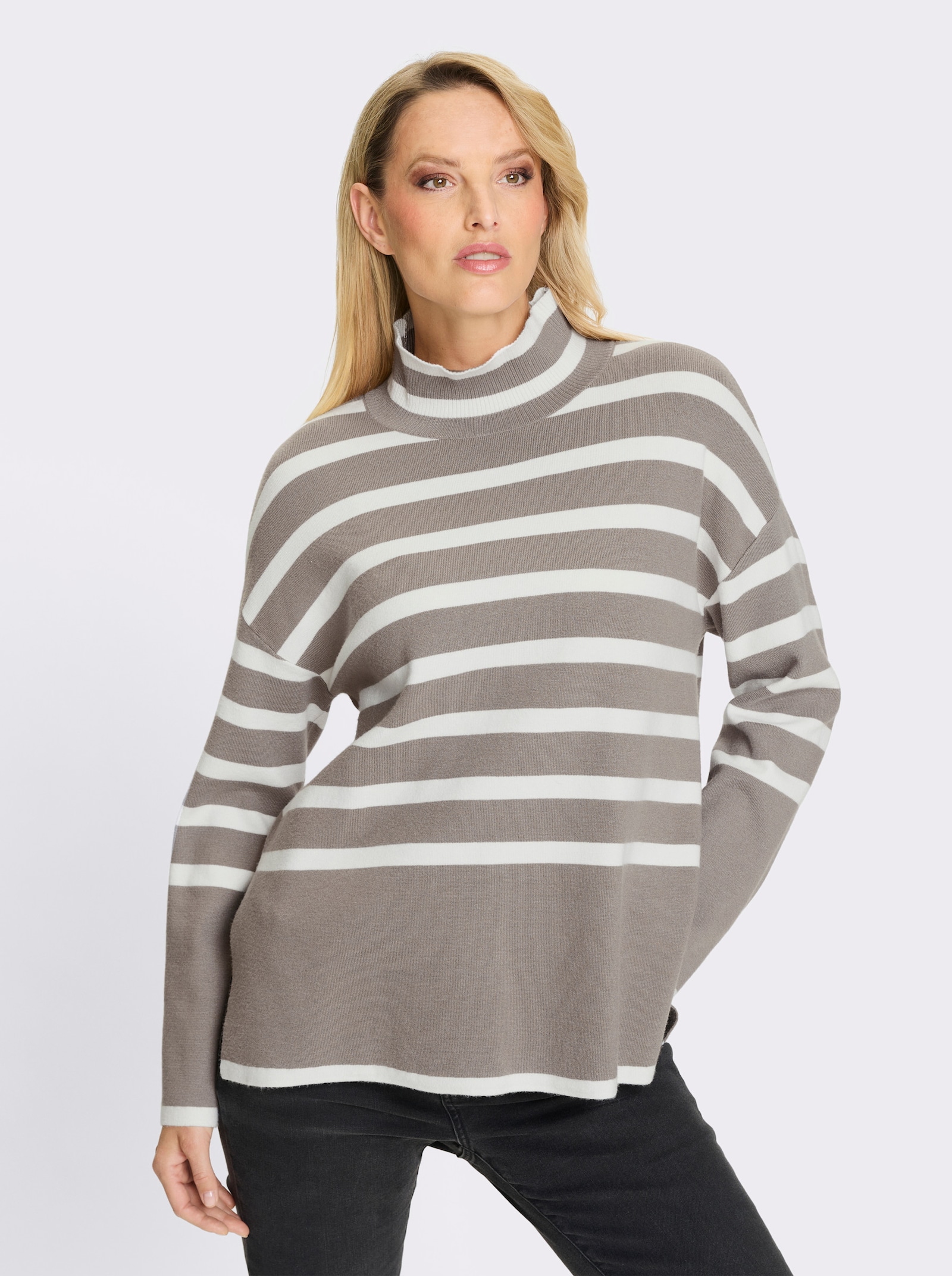 heine Pull à rayures avec col montant - taupe-écru à rayures fines