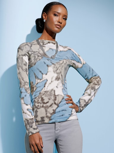 Feinstrickpullover mit Diagonal-Druck - ecru-eisblau-bedruckt