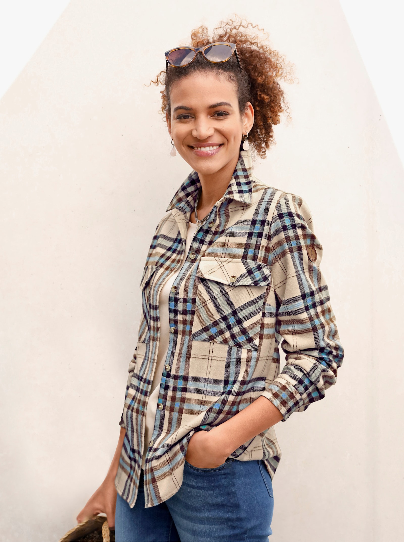 Flanellbluse mit mehrfarbigem Webkaro - mittelblau-elfenbein-kariert