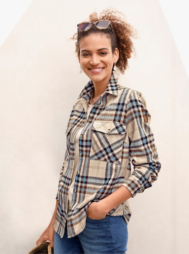 Flanellbluse mit mehrfarbigem Webkaro - mittelblau-elfenbein-kariert