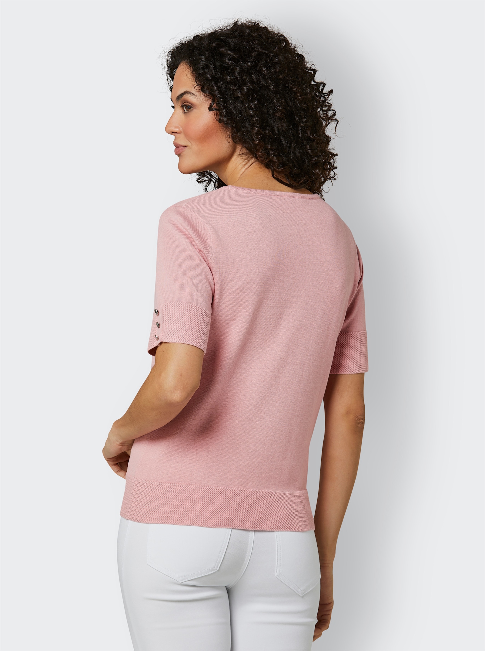 CREATION L PREMIUM Kurzarmpullover mit Zierknöpfen - rosenquarz