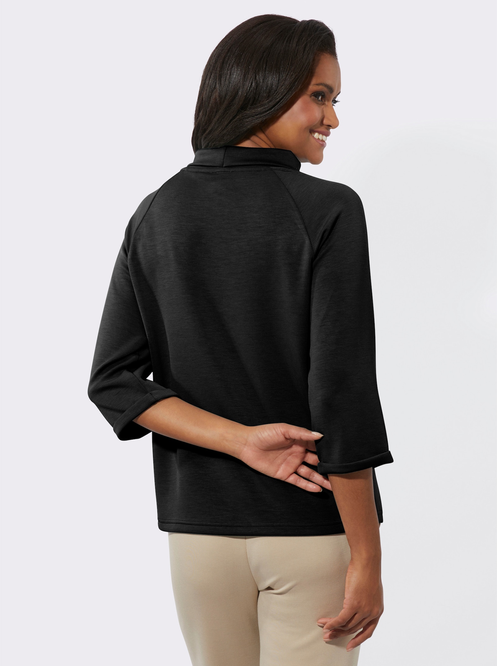 3/4-Arm-Shirt mit halsfernem Rollkragen - schwarz